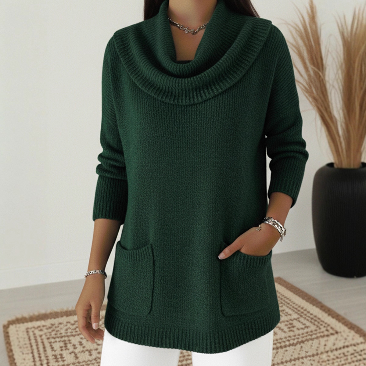 Relaxed Cowl Neck Knit Sweater with Pockets