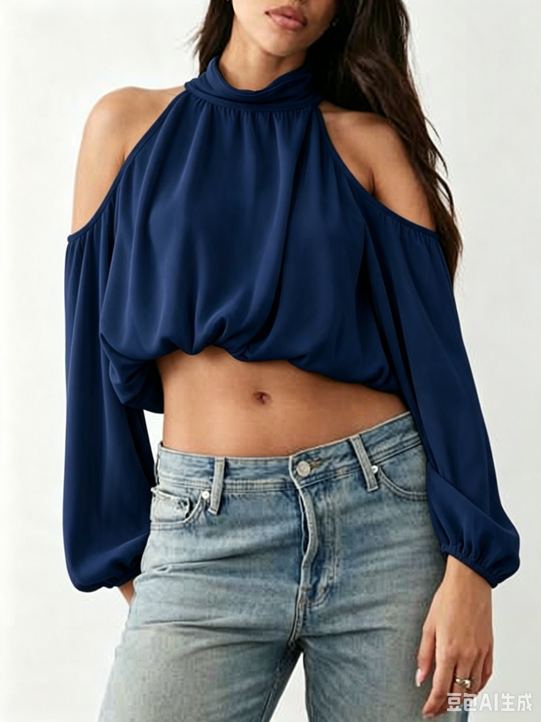 Women’s Off Shoulder Knit Top Mock Neck Long Sleeve Cropped Cutout Blouse