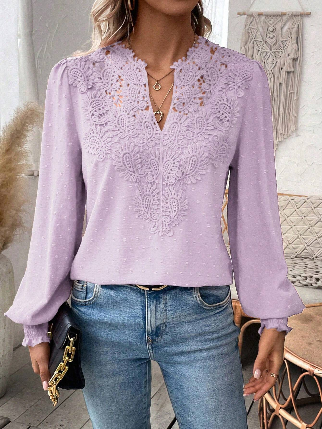 Women’s Lace Patchwork V Neck Blouse, Swiss Dot Puff Long Sleeve Casual Top