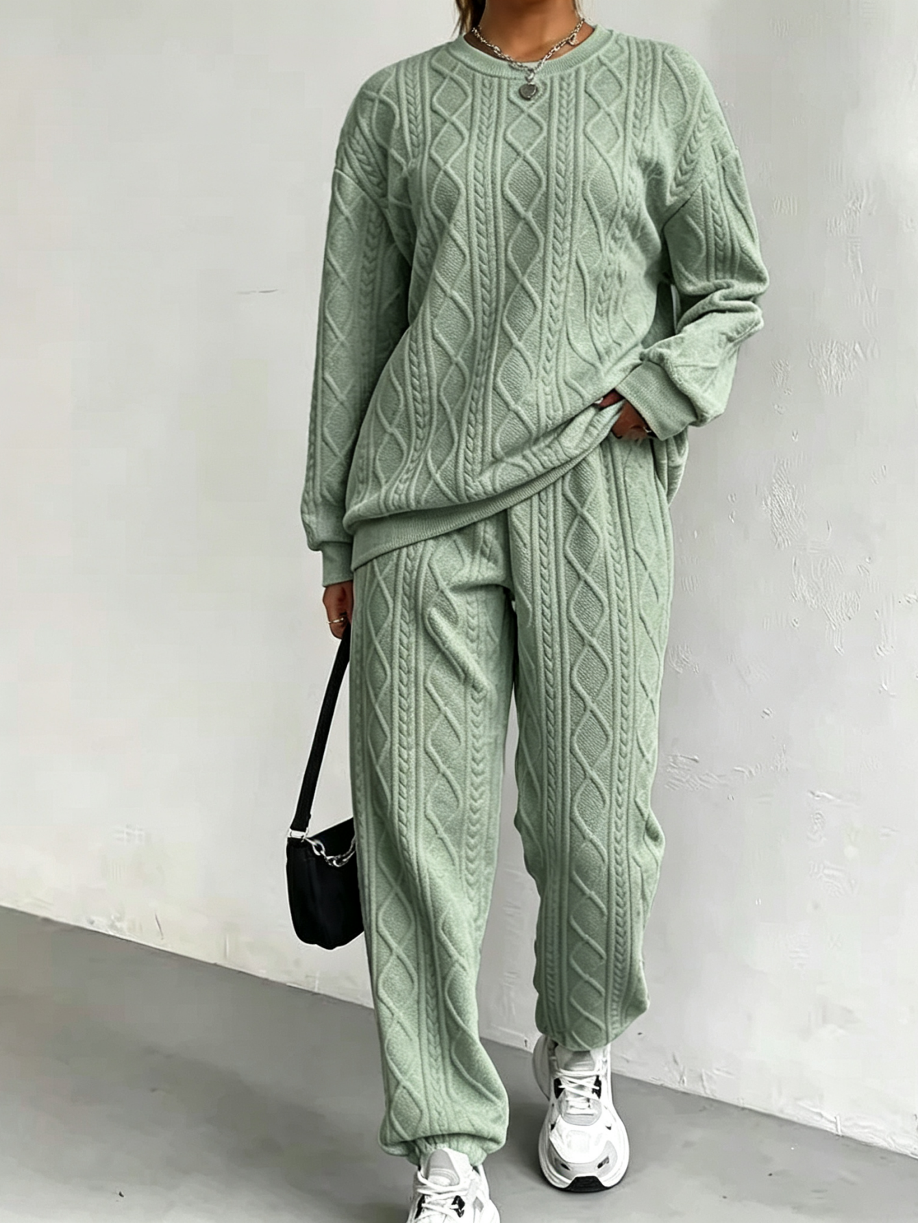 Women’s Textured Crewneck Sweatshirt & Jogger Pants Set Casual Loungewear Outfit