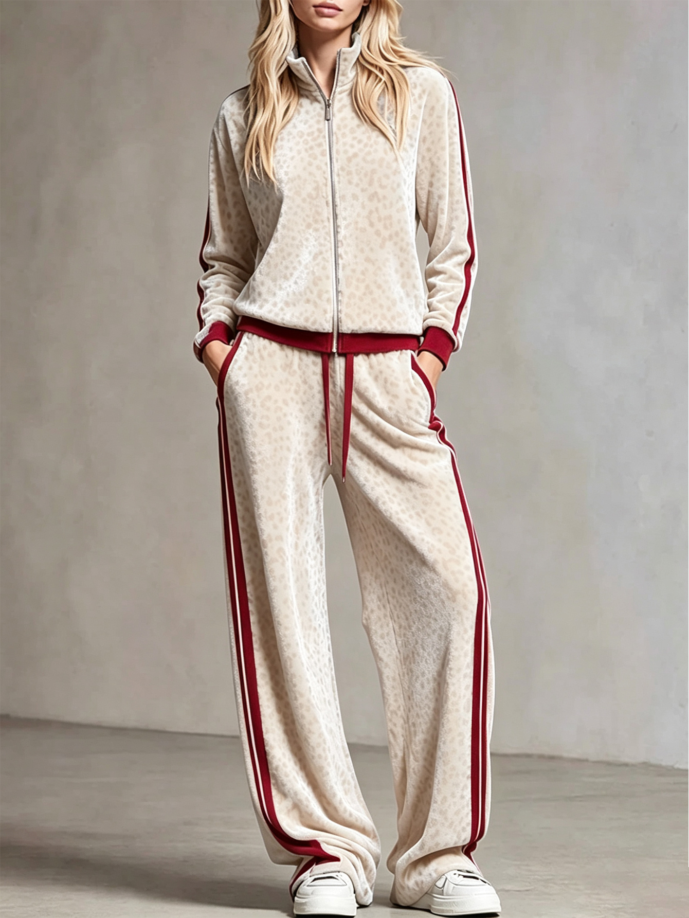 🐆 Women’s Leopard Print Velour Tracksuit Zip‑Up Jacket & Wide Leg Pants 2‑Piece Outfit
