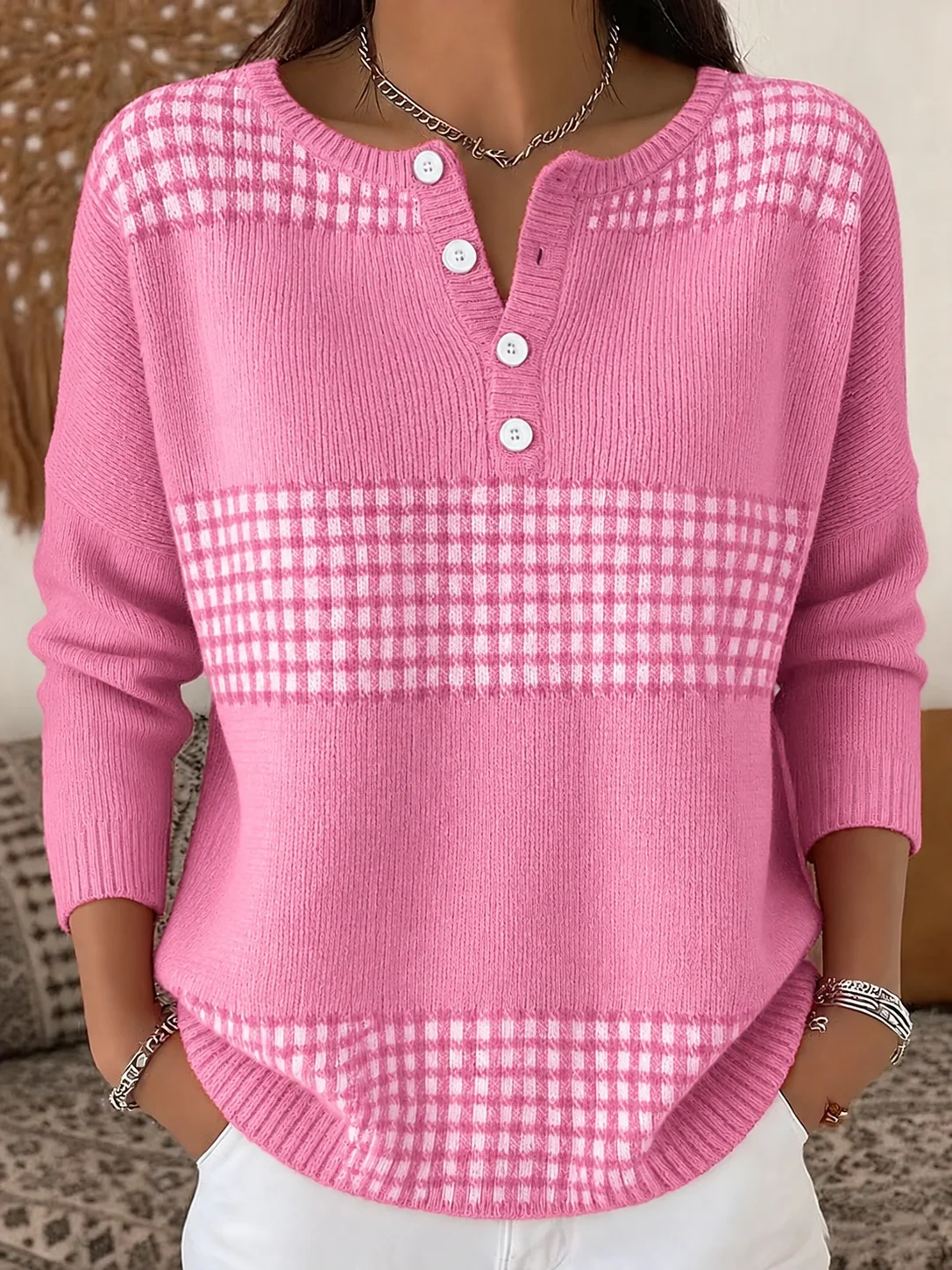 Women’s Half-Button Round Neck Plaid Colorblock Knit Sweater