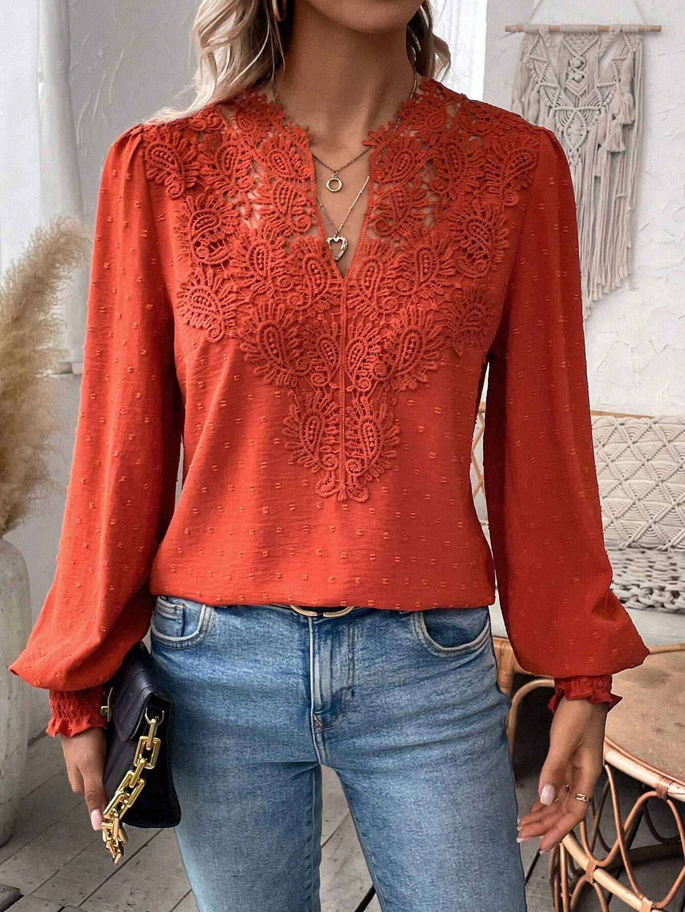 Women’s Lace Patchwork V Neck Blouse, Swiss Dot Puff Long Sleeve Casual Top