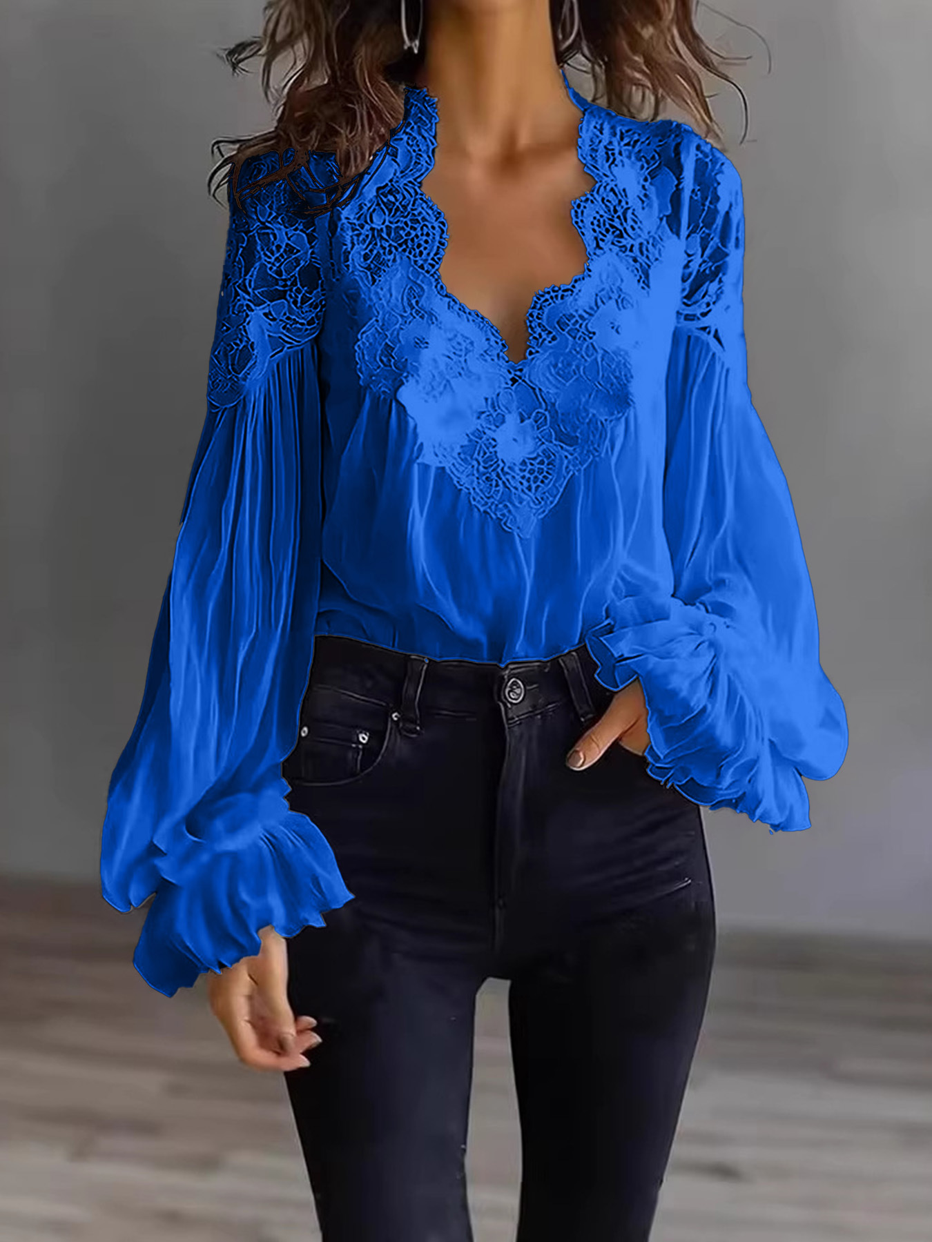 Lace V-Neck Lantern Sleeve Blouse