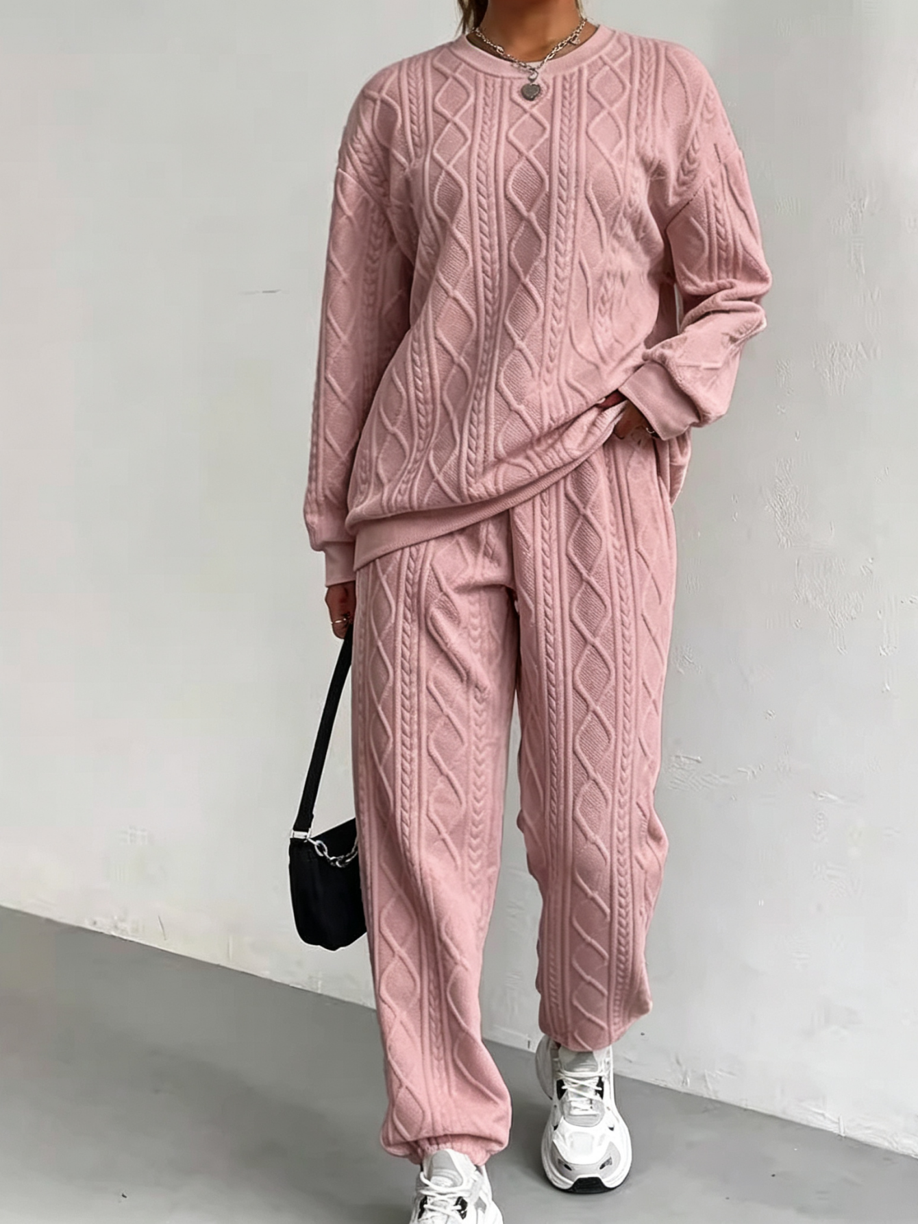 Women’s Textured Crewneck Sweatshirt & Jogger Pants Set Casual Loungewear Outfit