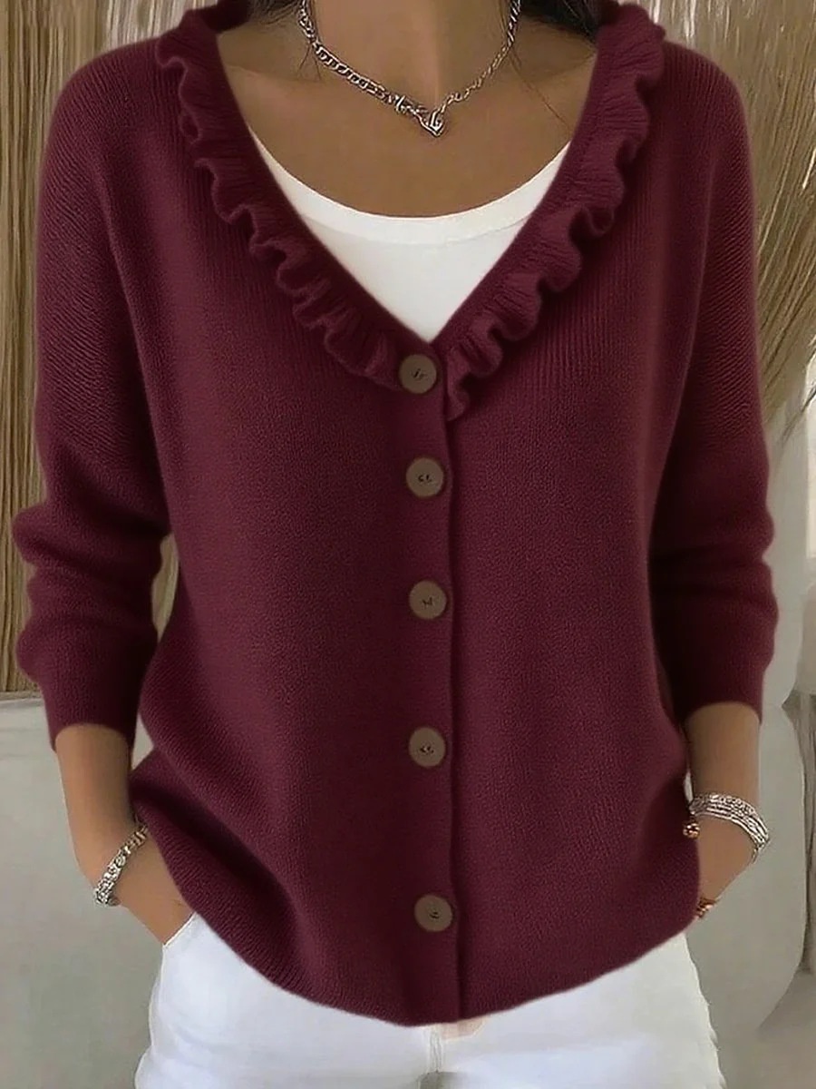Women's Ruffle Trim V-Neck Button-Down Cardigan - Casual Soft Knit Sweater Top