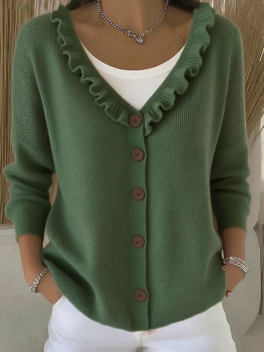 Women's Ruffle Trim V-Neck Button-Down Cardigan - Casual Soft Knit Sweater Top