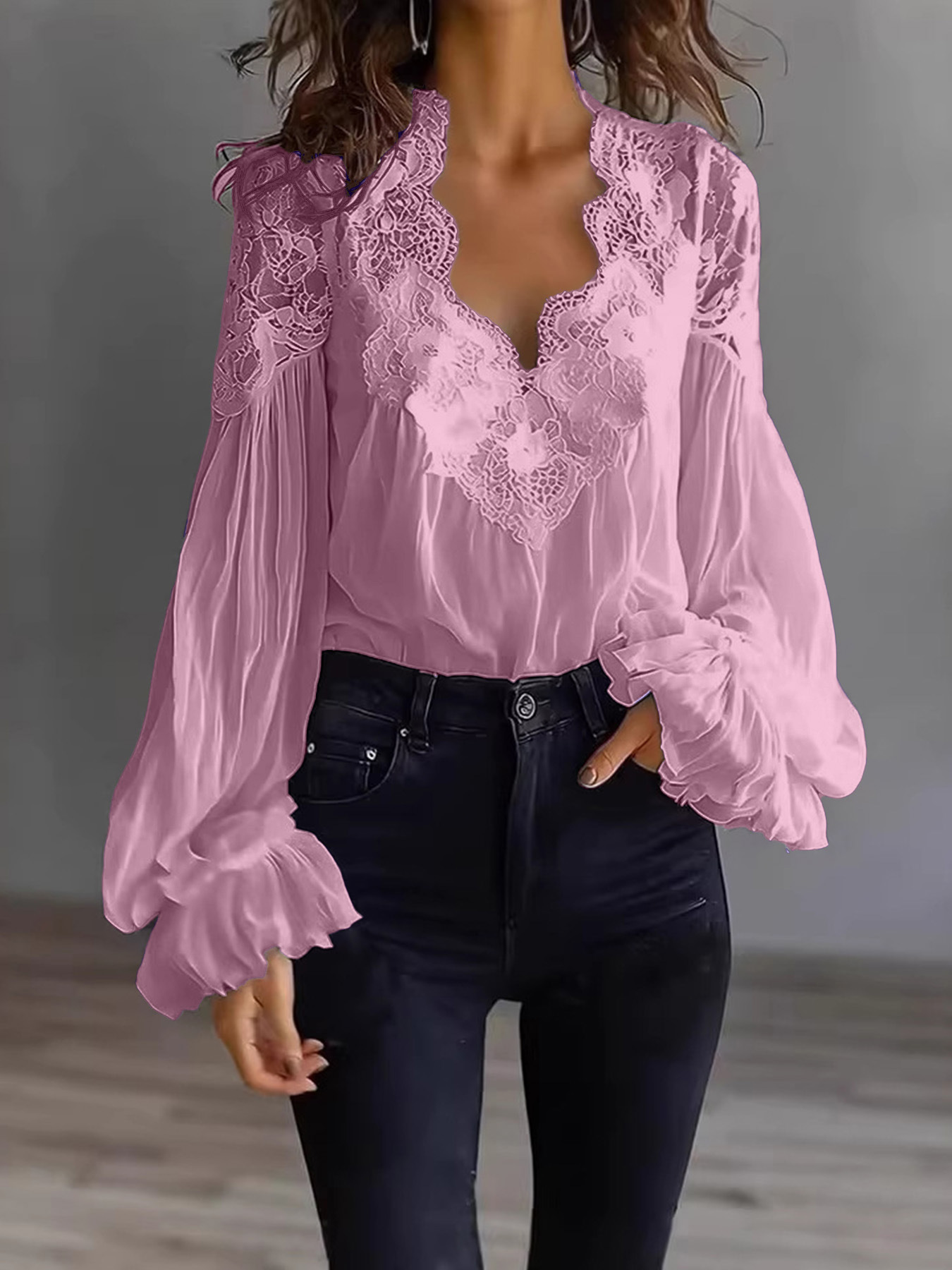 Lace V-Neck Lantern Sleeve Blouse