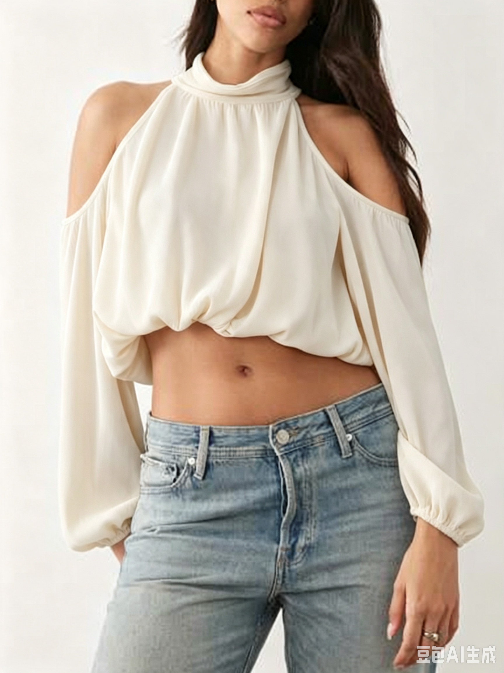 Women’s Off Shoulder Knit Top Mock Neck Long Sleeve Cropped Cutout Blouse