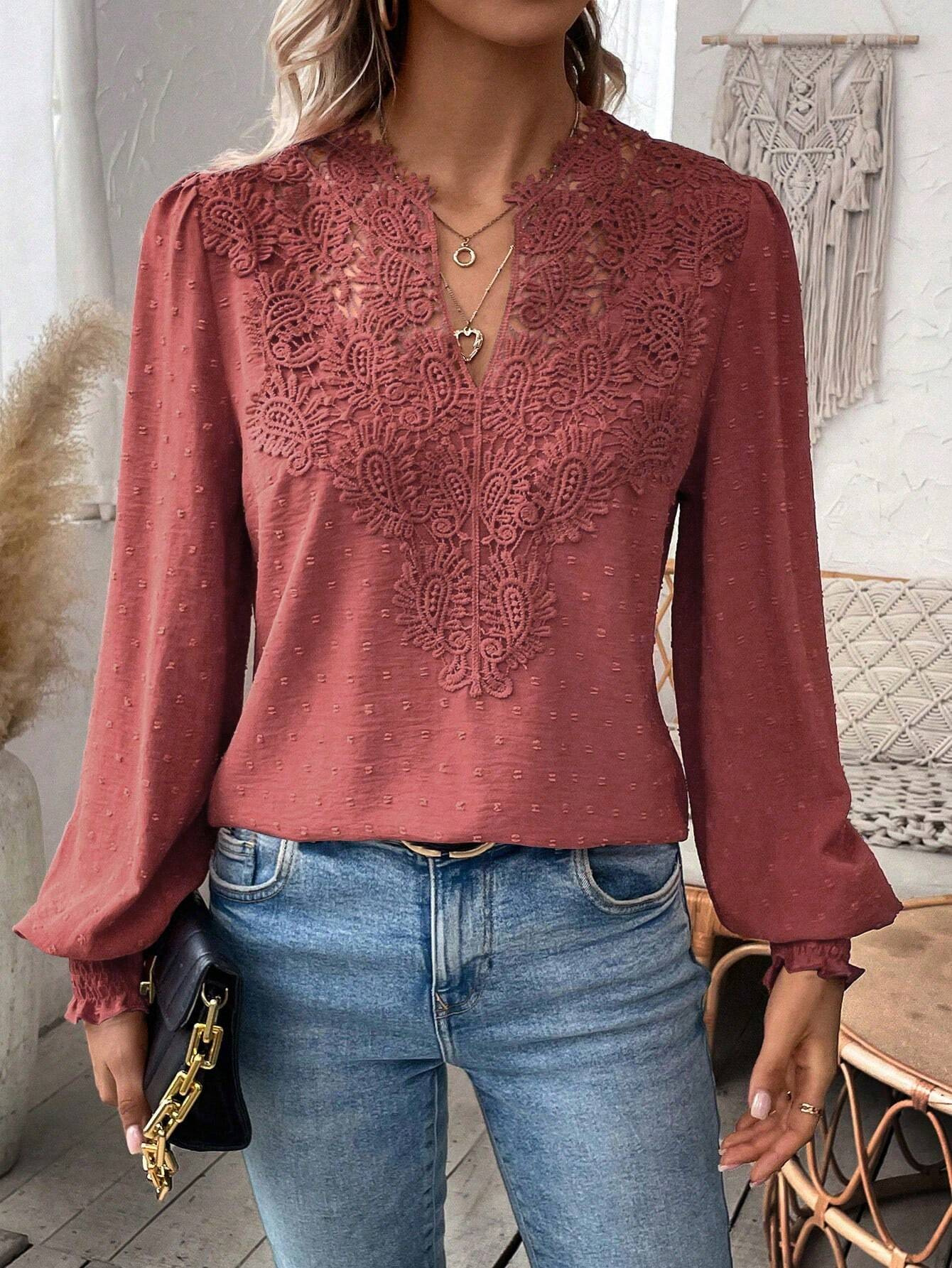 Women’s Lace Patchwork V Neck Blouse, Swiss Dot Puff Long Sleeve Casual Top