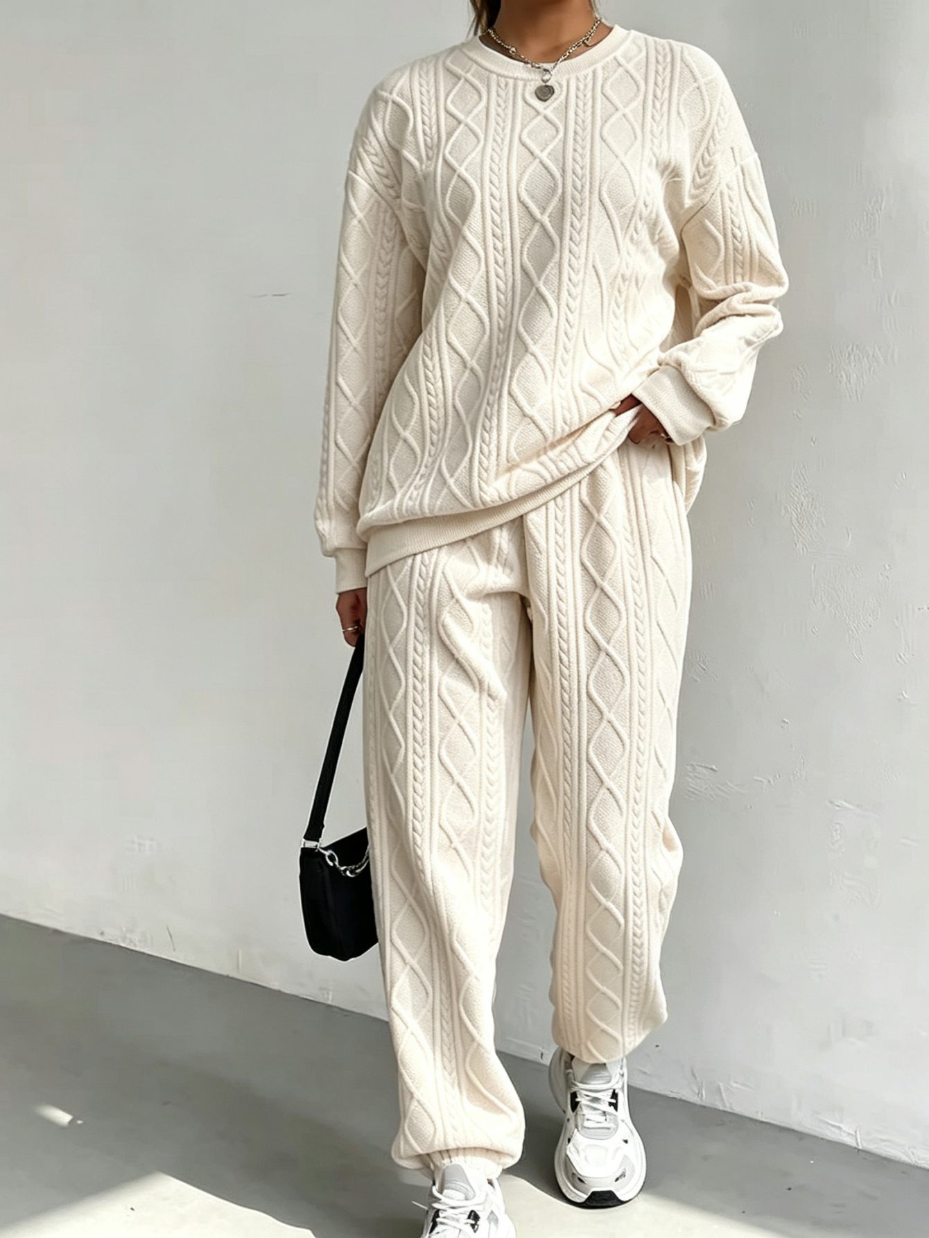 Women’s Textured Crewneck Sweatshirt & Jogger Pants Set Casual Loungewear Outfit