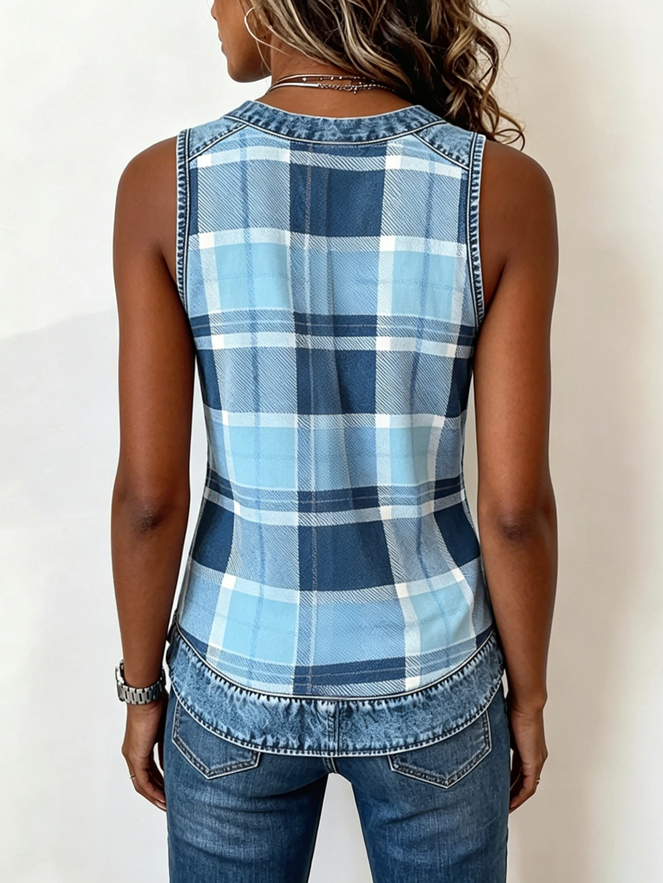 Plaid Denim Trim V-Neck Sleeveless Tank Top