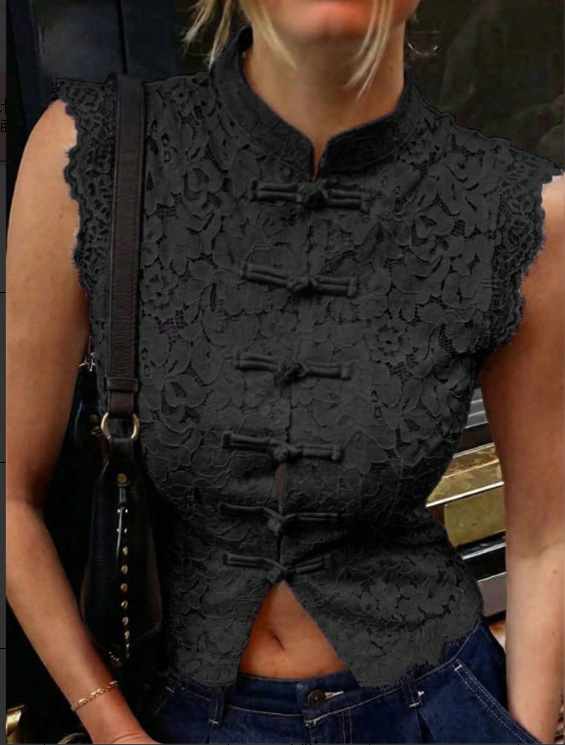Women’s Chinese Frog Button Lace Sleeveless Mandarin Collar Crop Top 中文标题