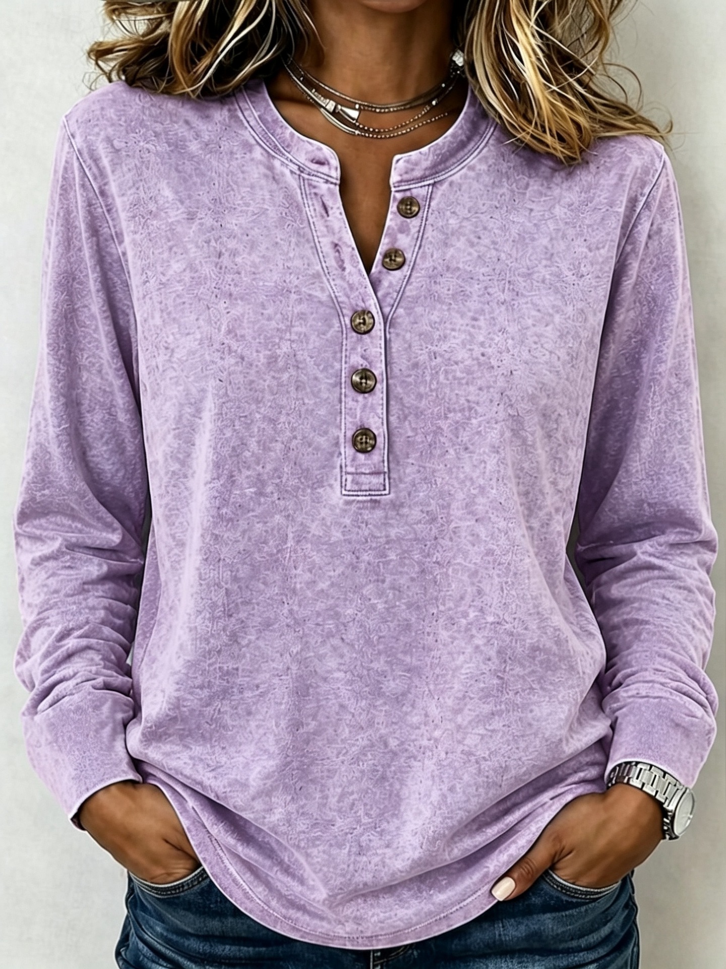 Washed Henley Neck Long Sleeve Polo Shirt