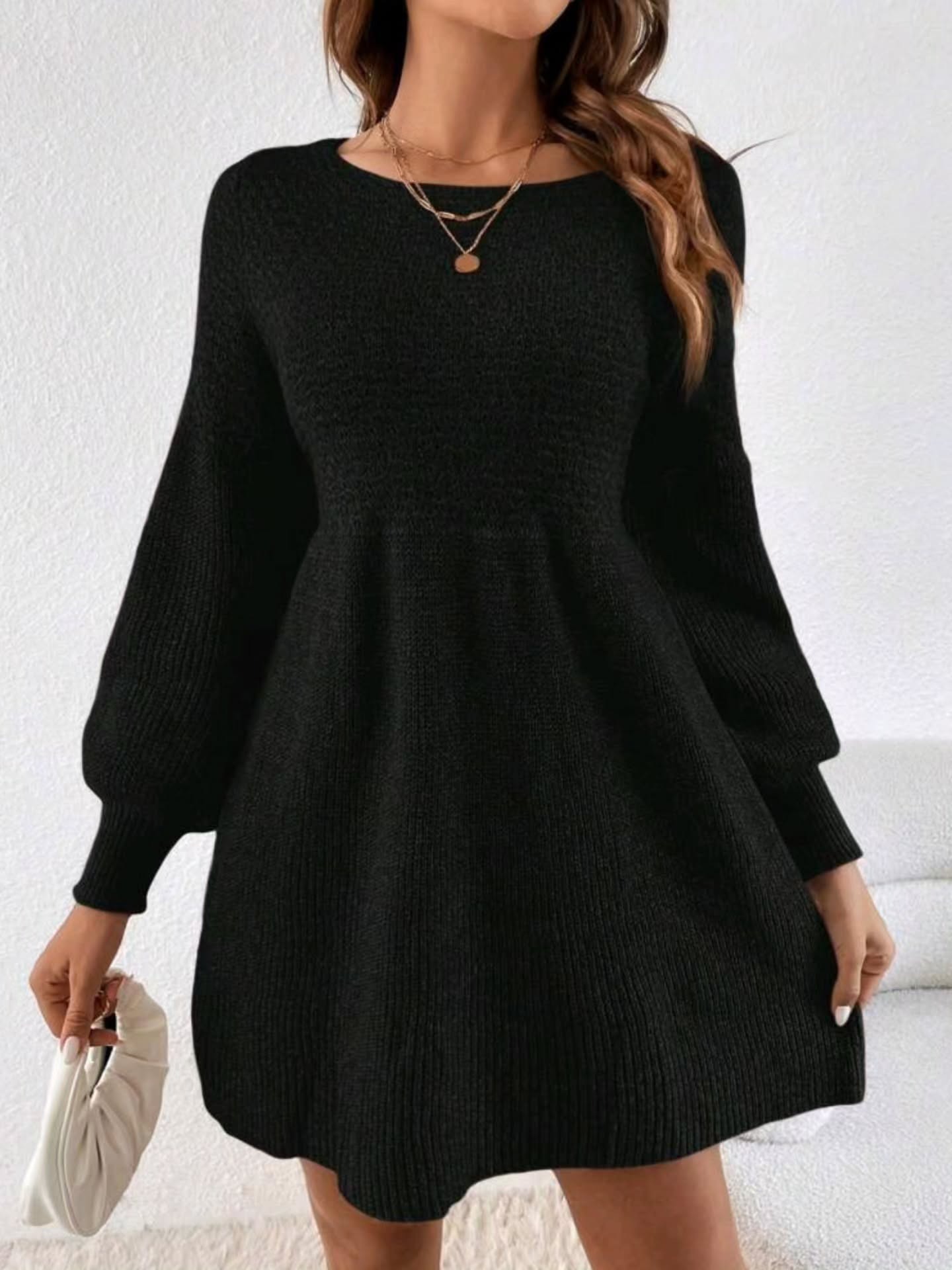 Vintage Knit Puff Sleeve A-Line Sweater Mini Dress