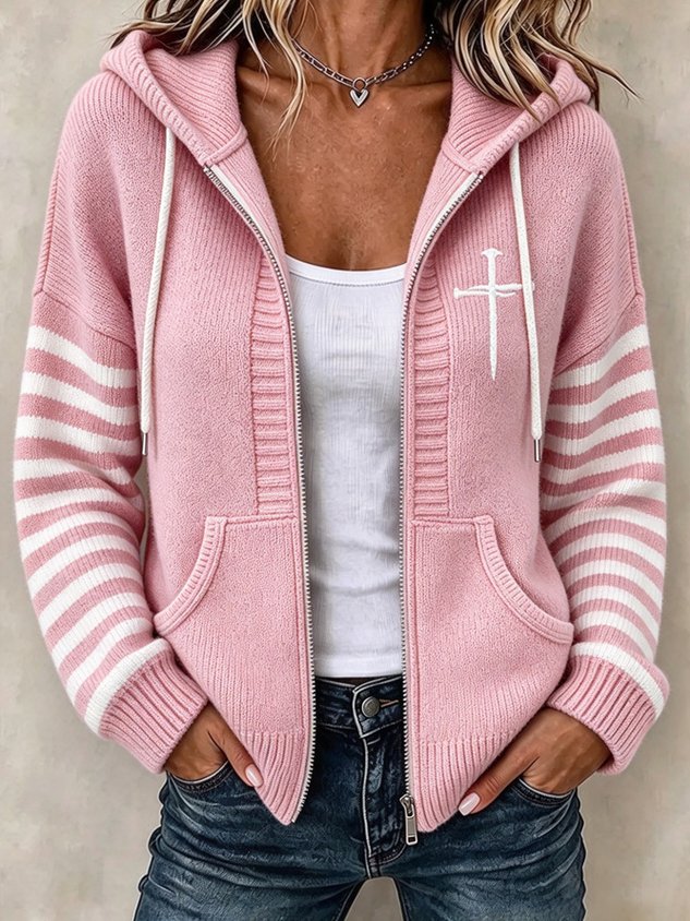 Women Striped Long Sleeve Hoodie Casual Spring/Fall Jacket Outerwear