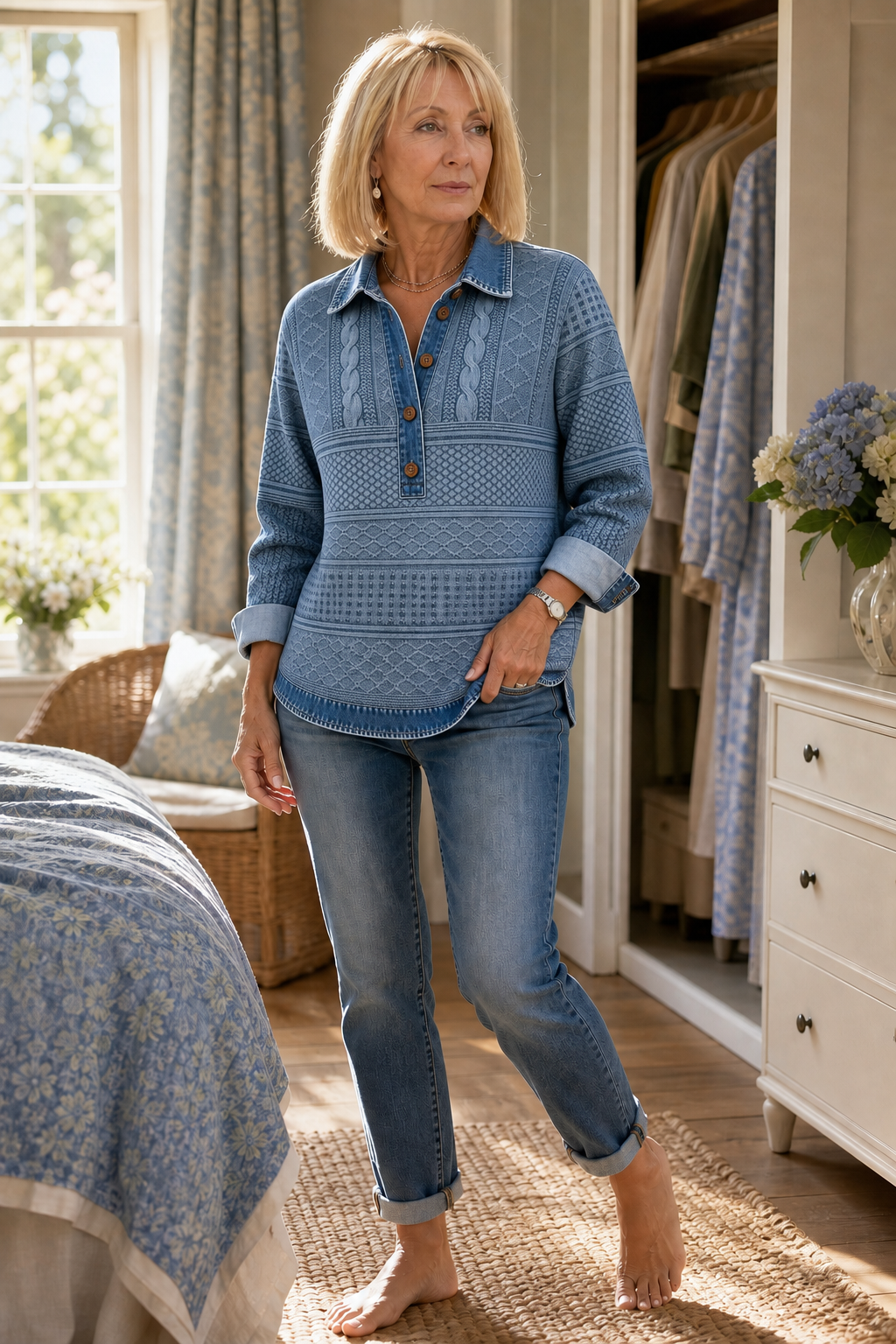 Denim Patchwork Textured Knit Blouse