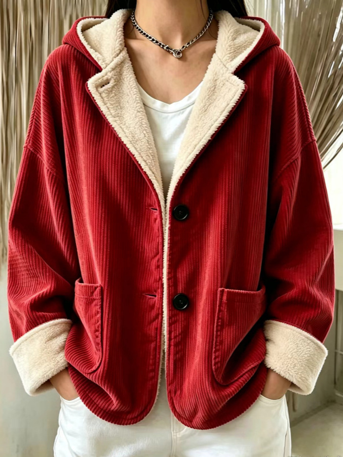 Women's Jacket Corduroy Hooded Fleece-Lined Jacket Cardigan Sweatshirt 🤎🧸