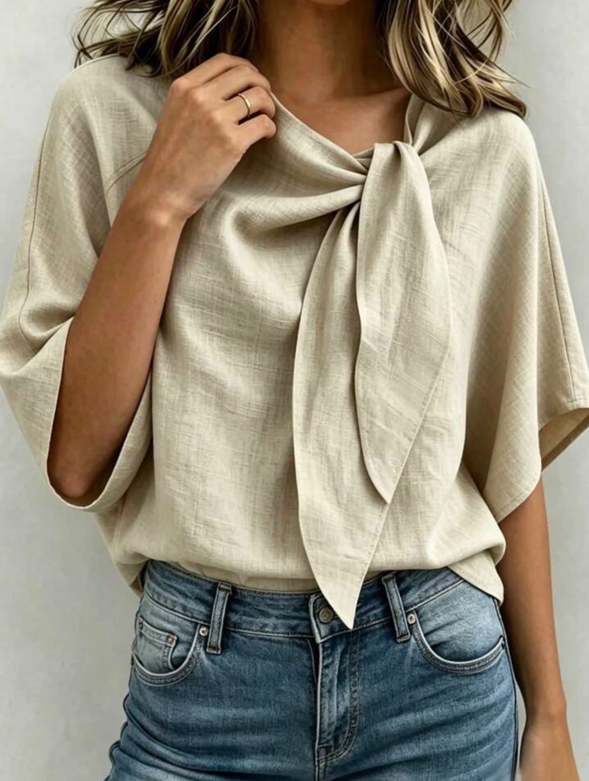 French Bow Tie V-Neck Loose Fit Short Sleeve Linen Blouse