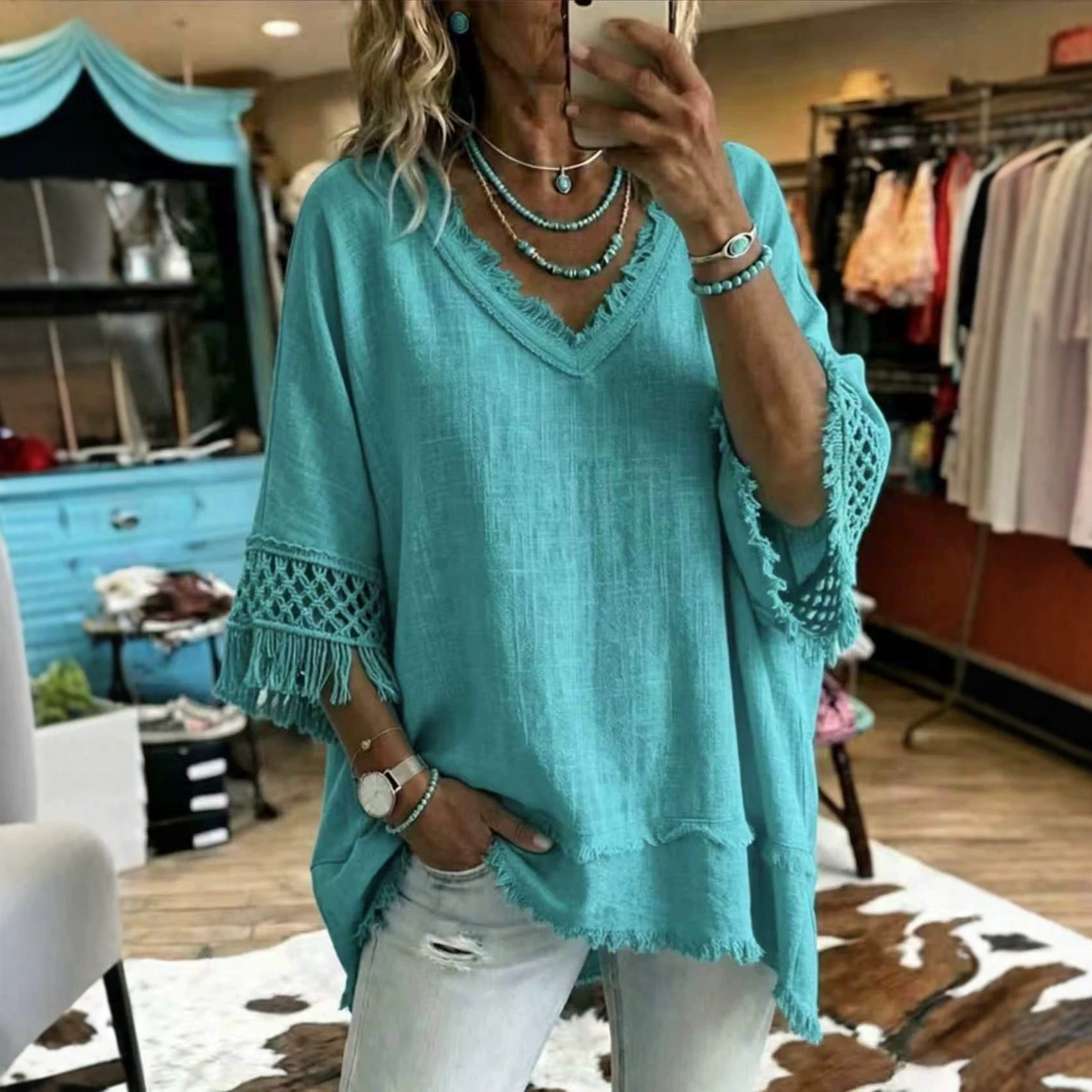 Women’s V-Neck Fringe Blouse, Crochet Lace 3/4 Sleeve Loose Boho Linen Textured Top