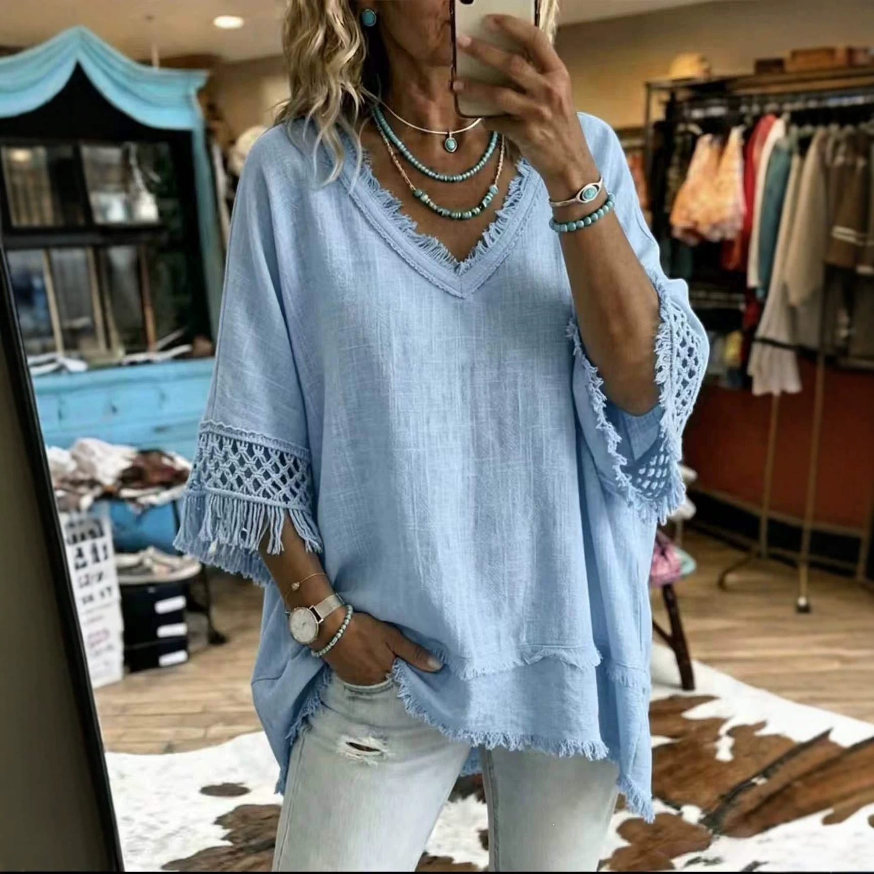 Women’s V-Neck Fringe Blouse, Crochet Lace 3/4 Sleeve Loose Boho Linen Textured Top
