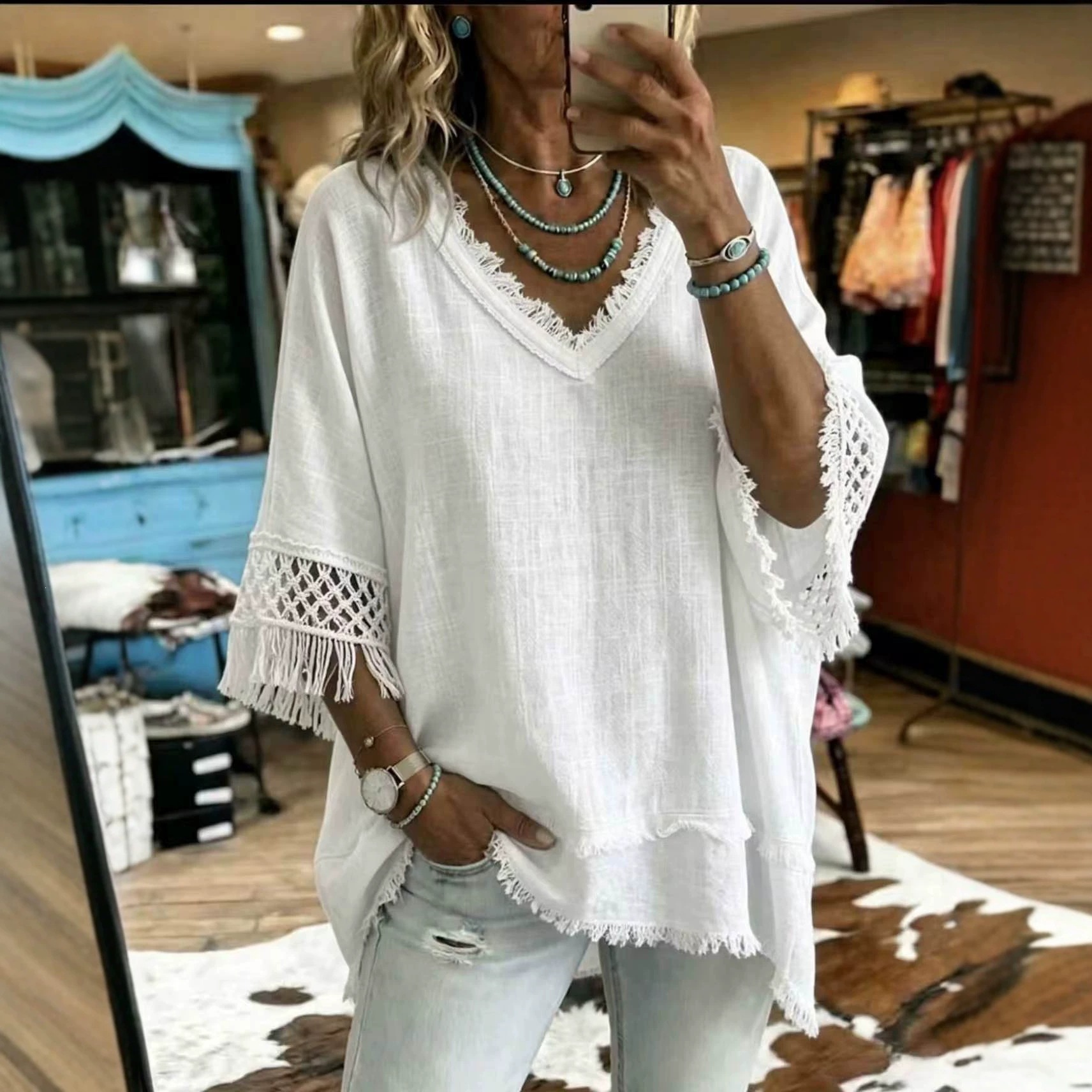 Women’s V-Neck Fringe Blouse, Crochet Lace 3/4 Sleeve Loose Boho Linen Textured Top