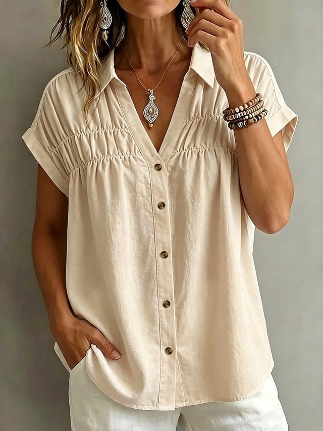Women's Blouse Ruched Plain Stylish Casual Short Sleeve V Neck Regular Tops Casual Daily White Khaki Black Pink Summer Spring