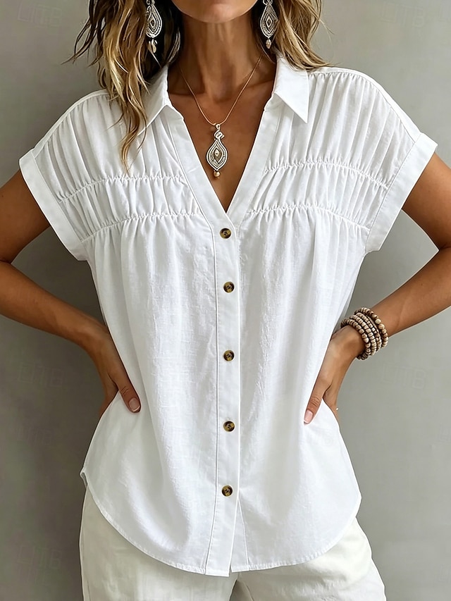 Women's Blouse Ruched Plain Stylish Casual Short Sleeve V Neck Regular Tops Casual Daily White Khaki Black Pink Summer Spring