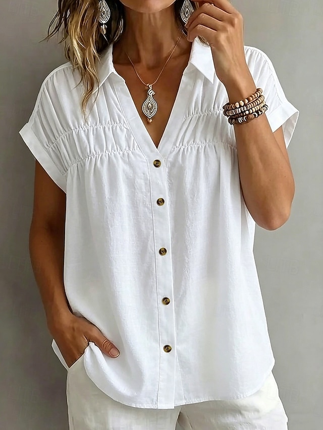 Women's Blouse Ruched Plain Stylish Casual Short Sleeve V Neck Regular Tops Casual Daily White Khaki Black Pink Summer Spring