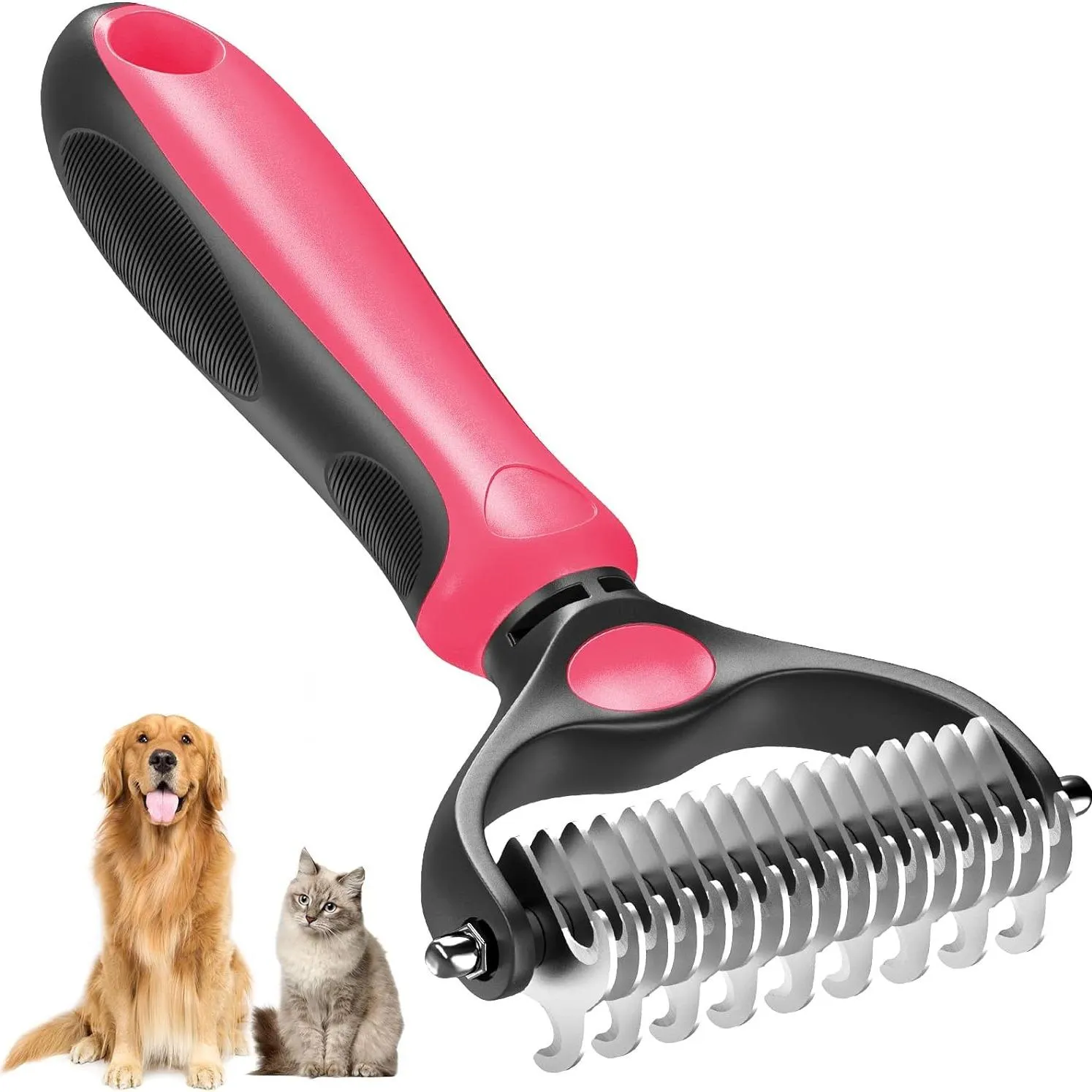 🐾✨ Pet Grooming Brush-Double Sided Hurtless Shedding and Dematting Undercoat Rake Comb for Dogs and Cats, No More Nasty Shedding or Flying Hair