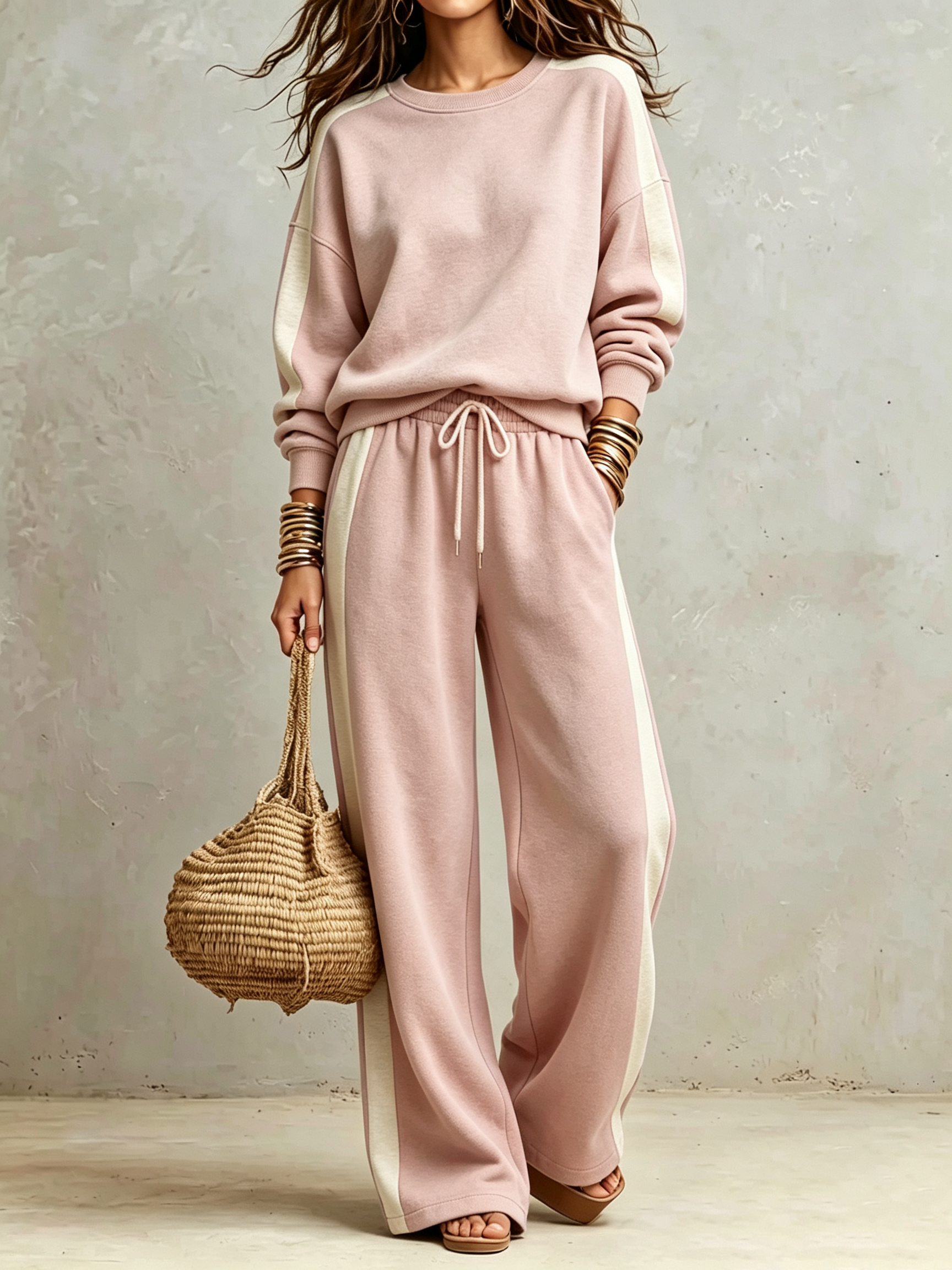 Side‑Stripe Crew Neck Wide‑Leg Sweatpant Two‑Piece Tracksuit Set