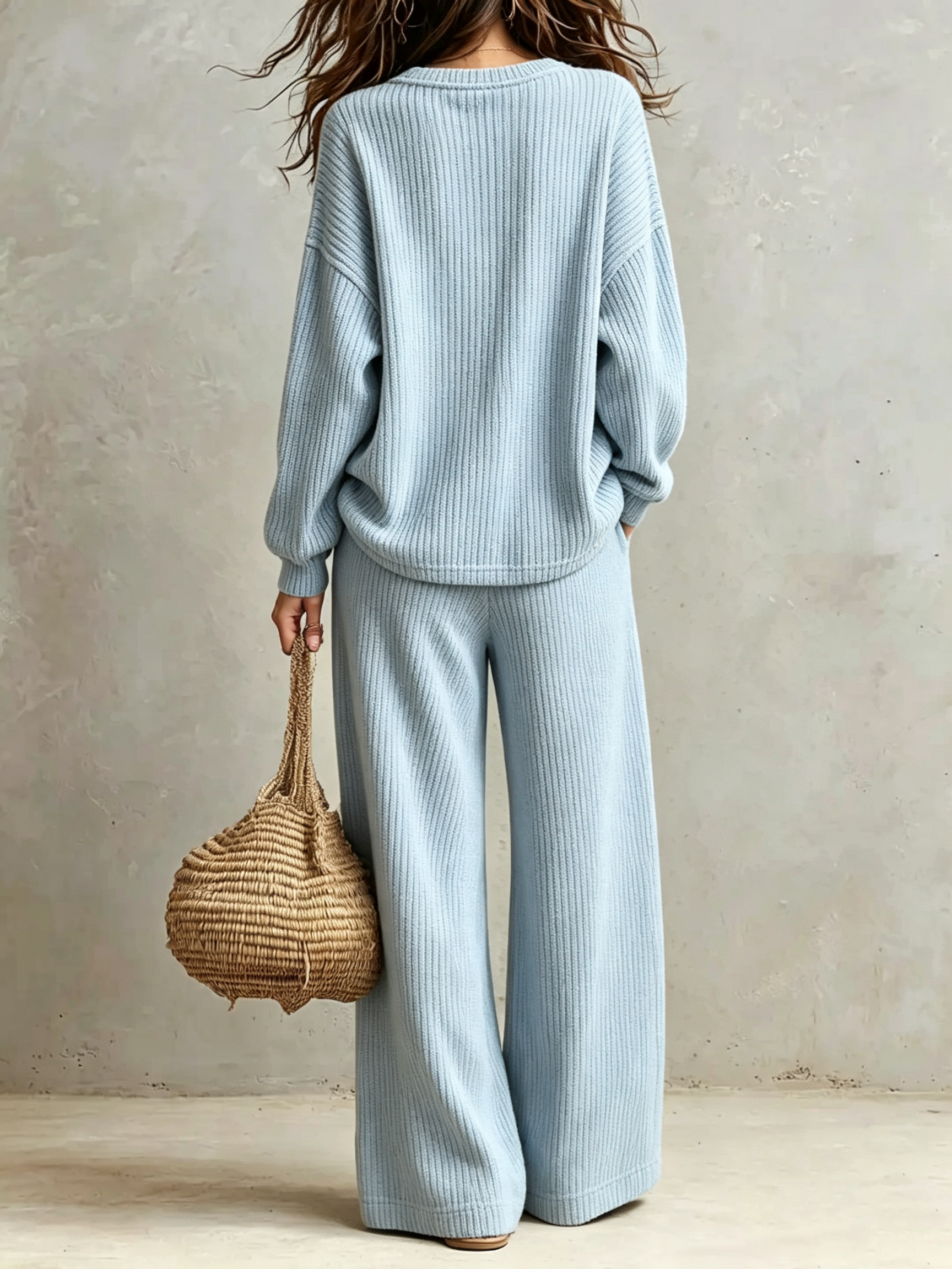 V‑Neck Rib‑Knit Wide‑Leg Knit Two‑Piece Loungewear Set