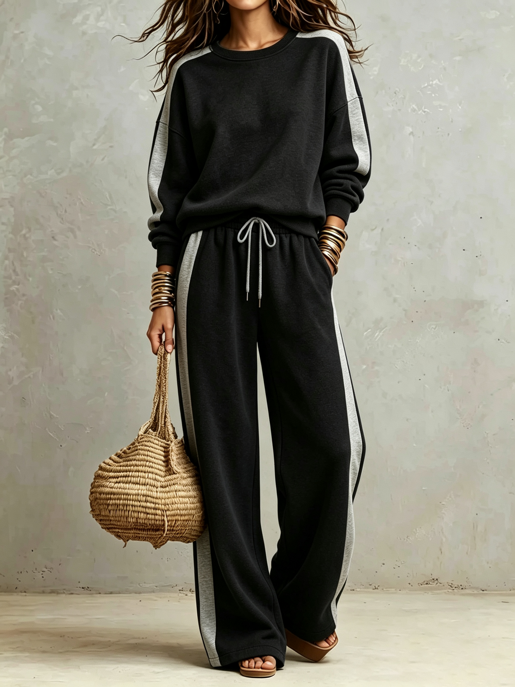 Side‑Stripe Crew Neck Wide‑Leg Sweatpant Two‑Piece Tracksuit Set