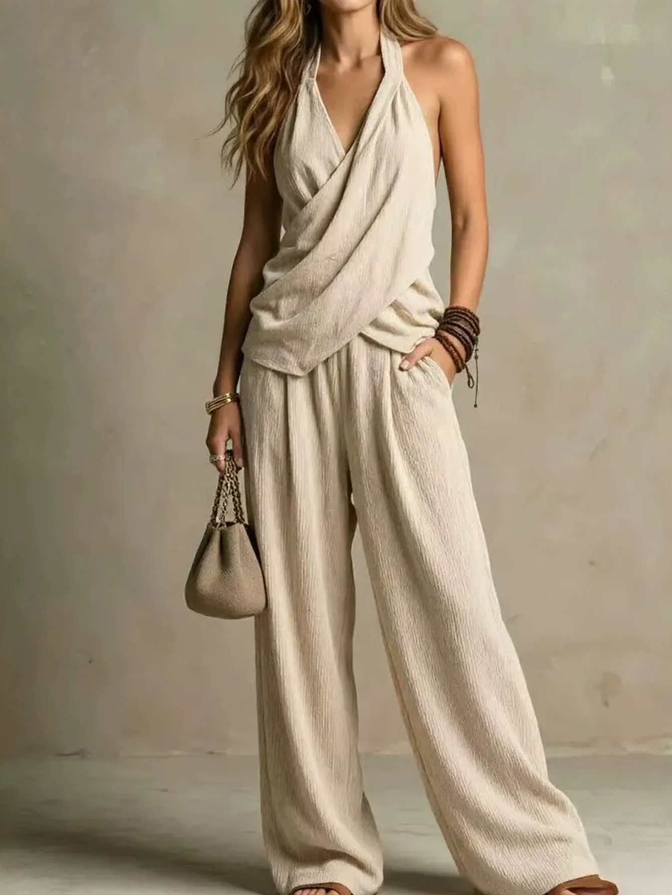 Halter Draped Crossover Top & Wide Leg Pants 2-Piece Set