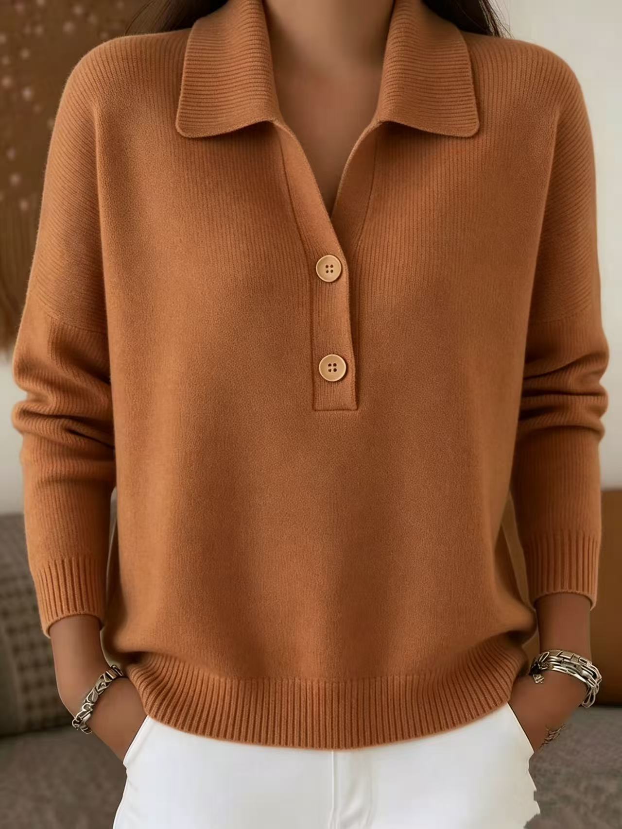 Women's Sweater Pullover Sweater Jumper Elegant Vintage Daily Turndown Buttons Long Sleeve Regular Tops Knit Daily Holiday