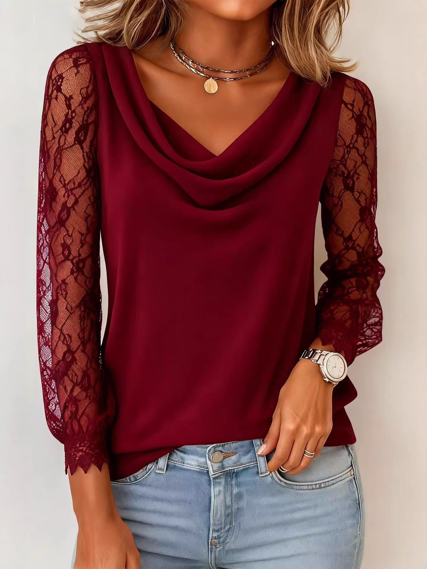 Lace Sleeve Draped Cowl Neck Blouse