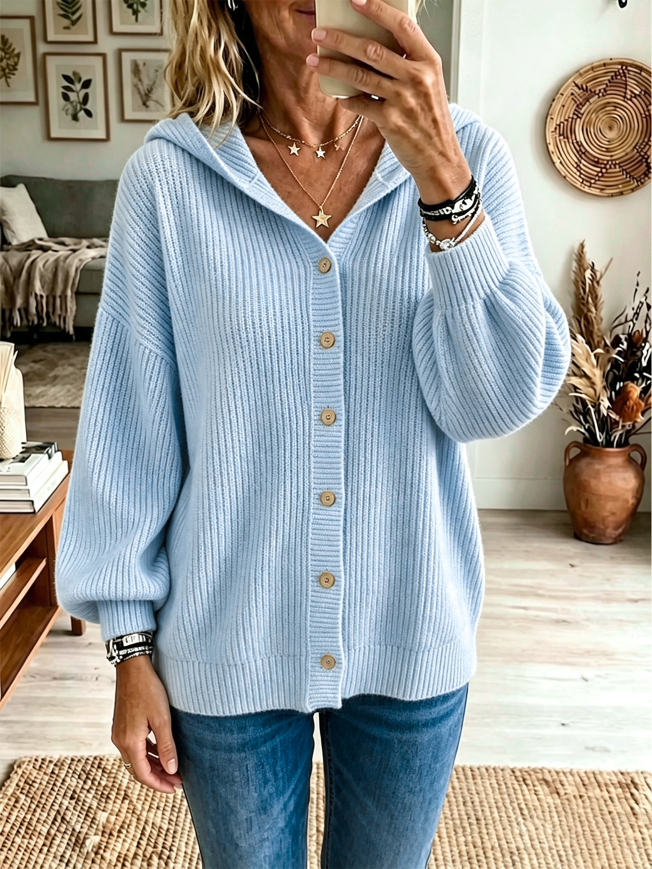 Women’s Hooded Knit Cardigan, Relaxed Fit Button Front Sweater Jacket Casual Outerwear