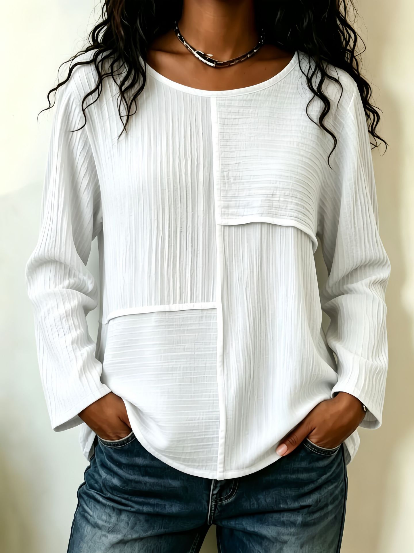 Women’s Patchwork Crewneck Long Sleeve Top Textured Loose Fit Casual Blouse