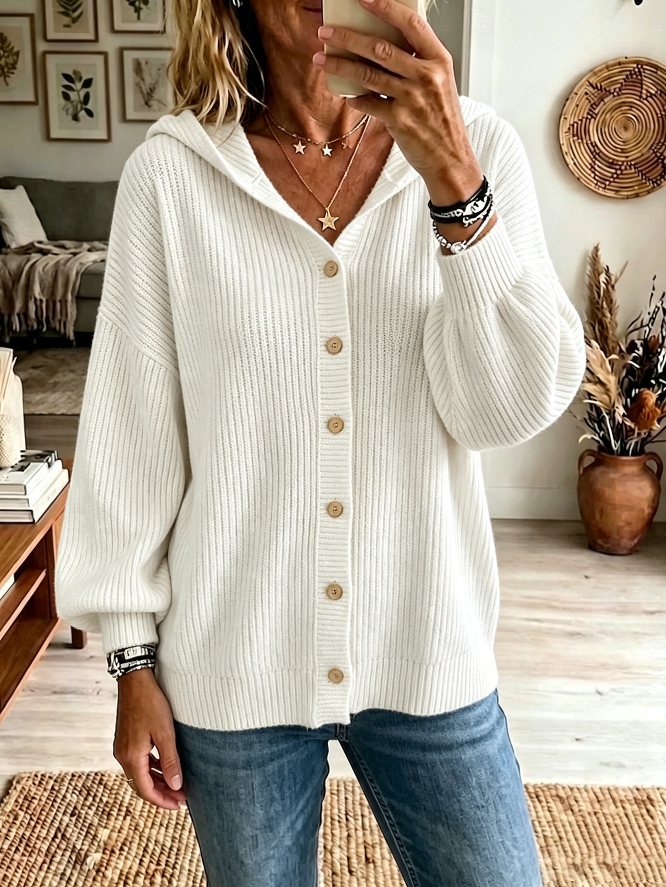 Women’s Hooded Knit Cardigan, Relaxed Fit Button Front Sweater Jacket Casual Outerwear
