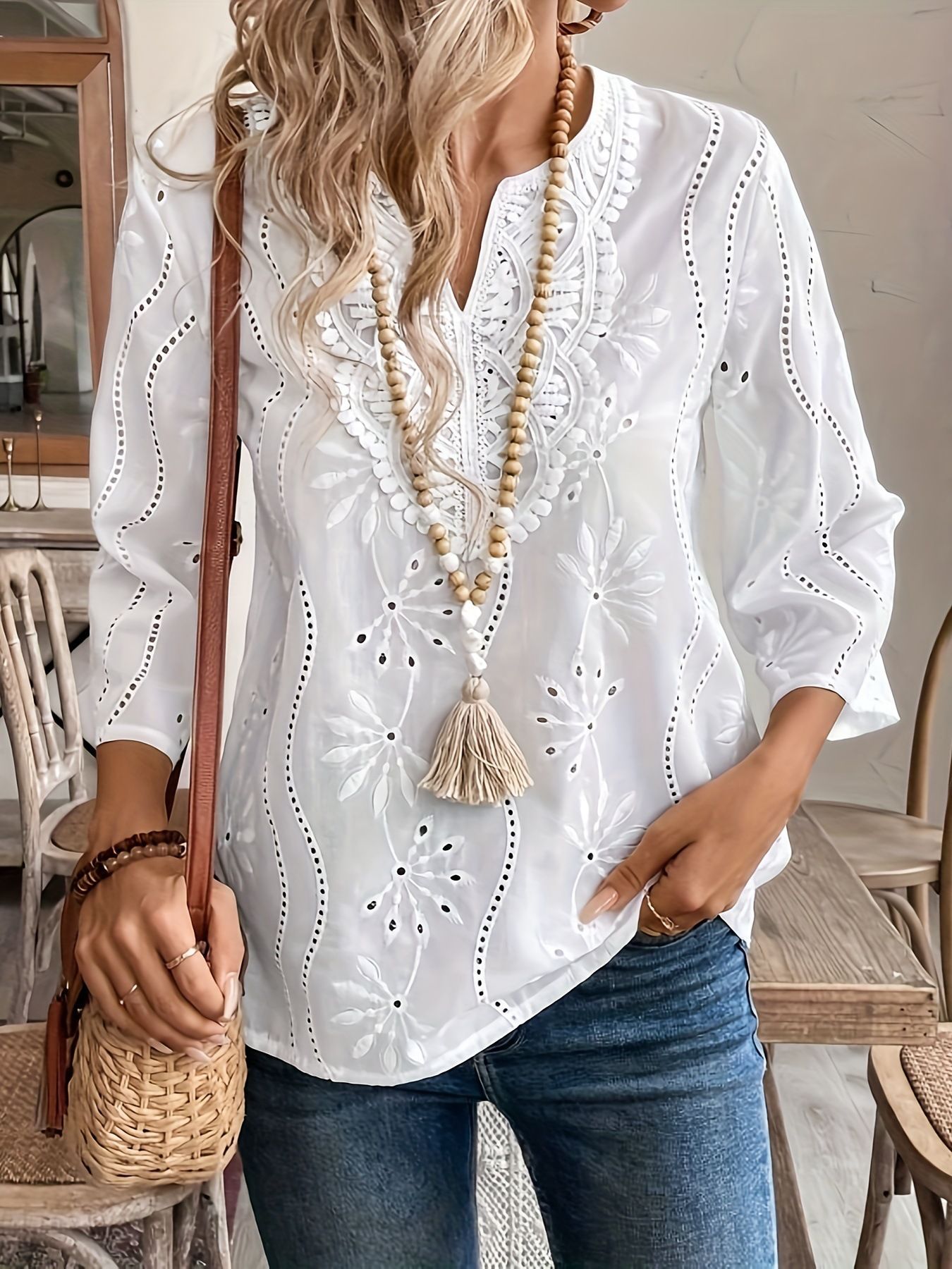 White Eyelet Embroidered Split Neck Three-Quarter Sleeve Blouse