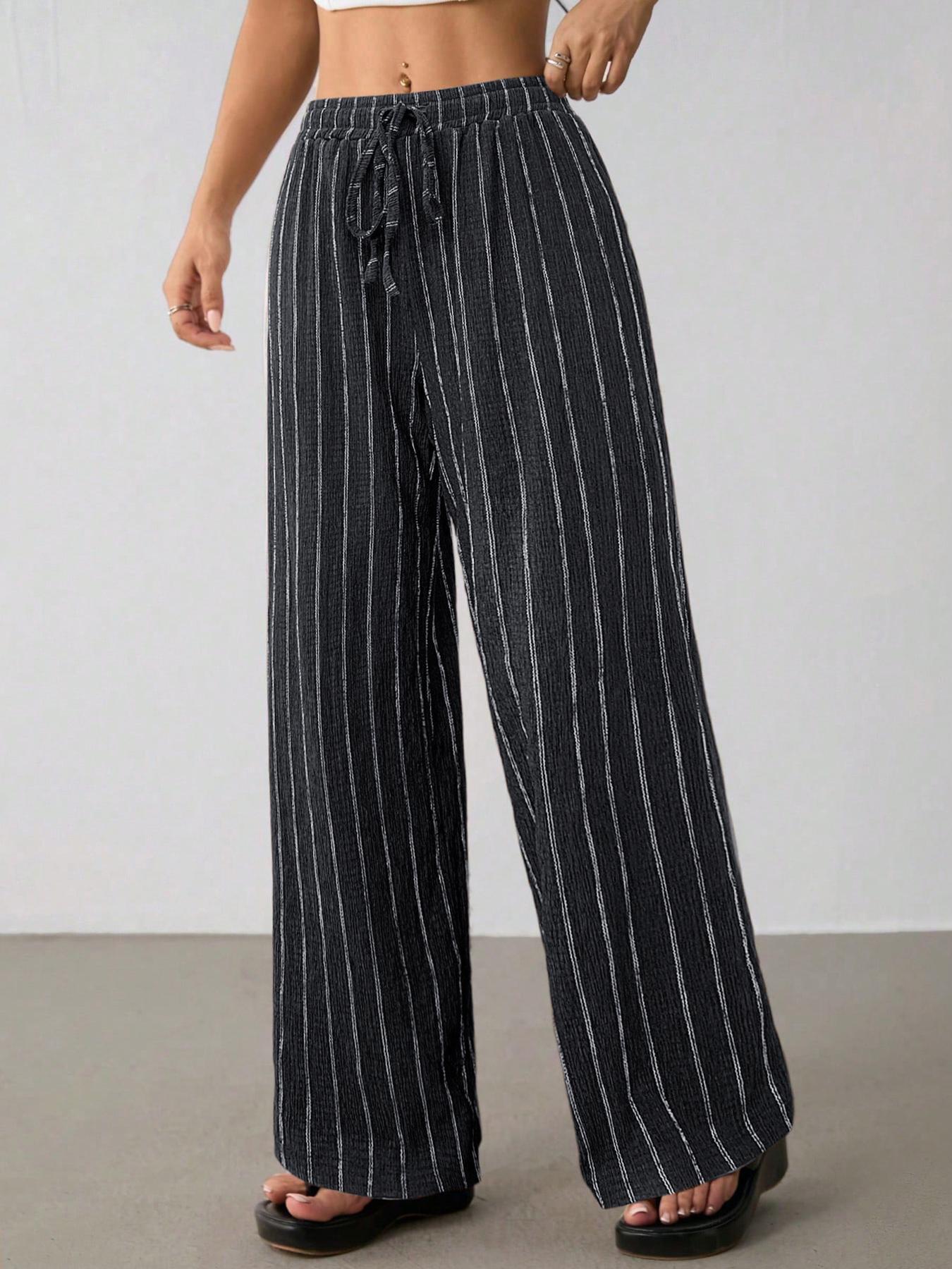 Women’s Striped Wide Leg Pants High Waist Drawstring Casual Loose Trousers