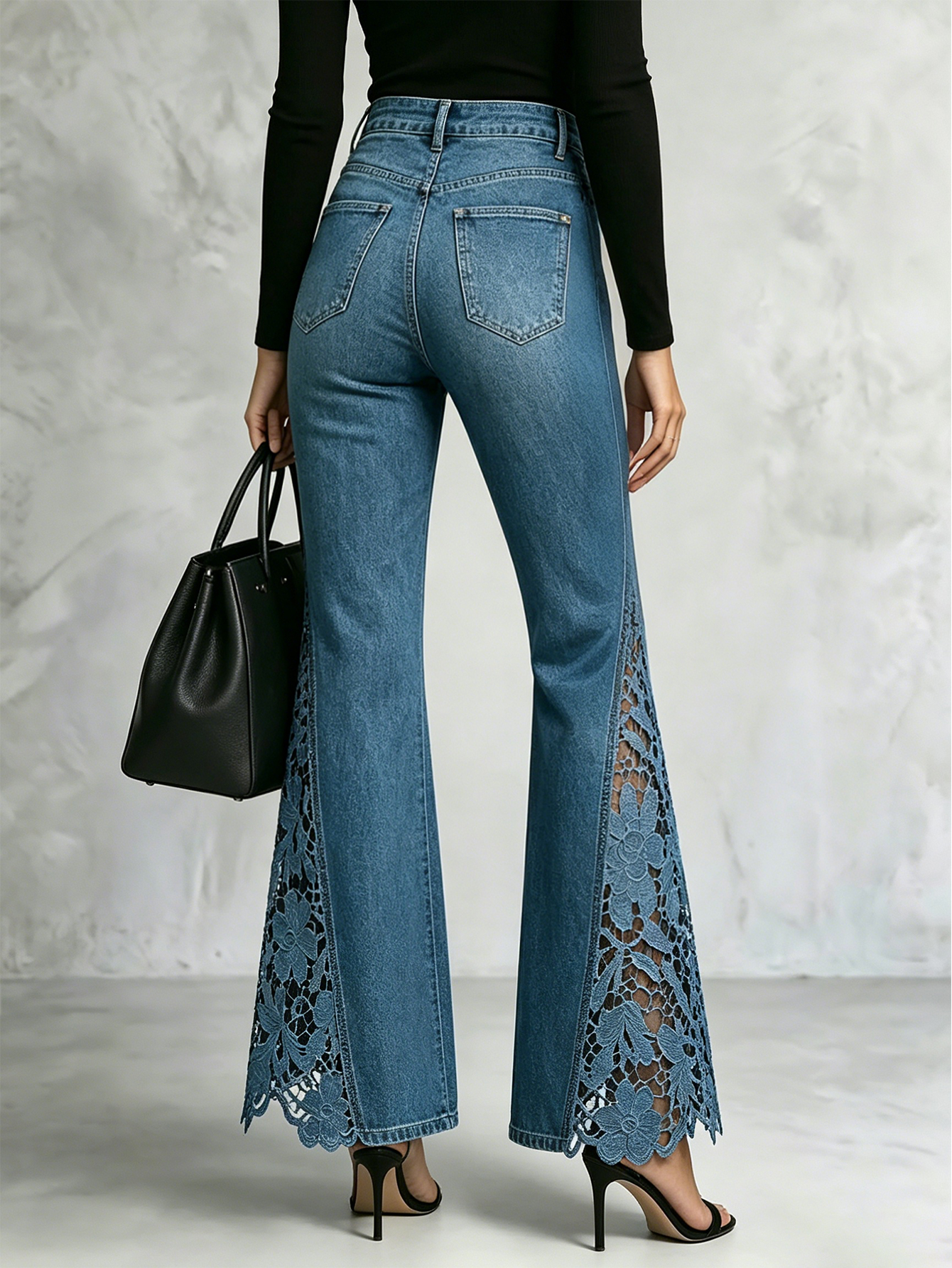 High Waist Floral Lace Patchwork Flare Denim Jeans for Women