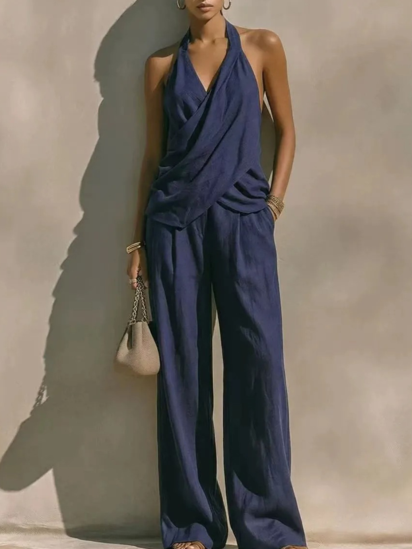 Halter Draped Crossover Top & Wide Leg Pants 2-Piece Set
