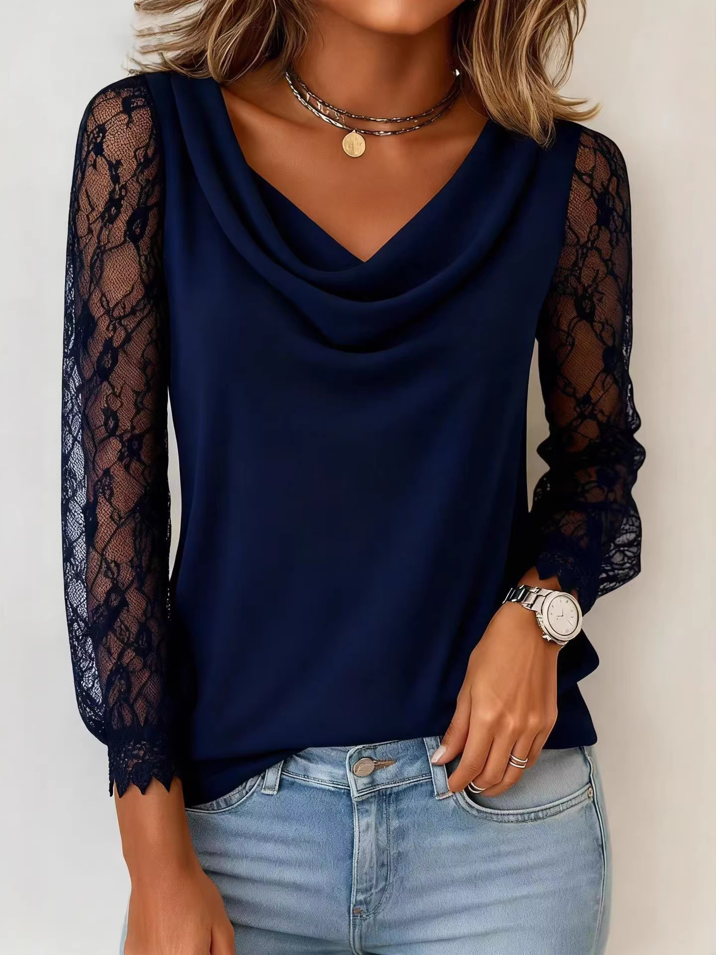 Lace Sleeve Draped Cowl Neck Blouse