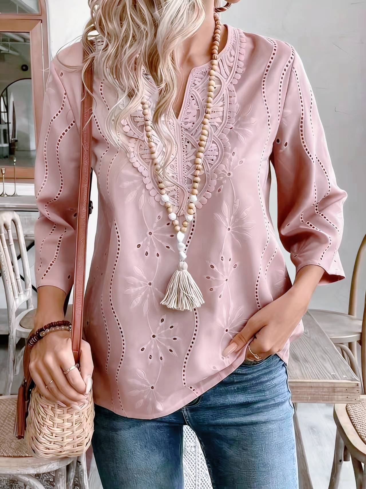 White Eyelet Embroidered Split Neck Three-Quarter Sleeve Blouse