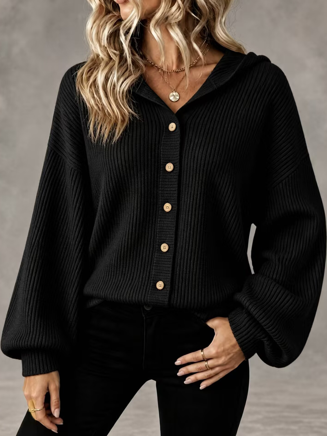 Women’s Hooded Knit Cardigan, Relaxed Fit Button Front Sweater Jacket Casual Outerwear