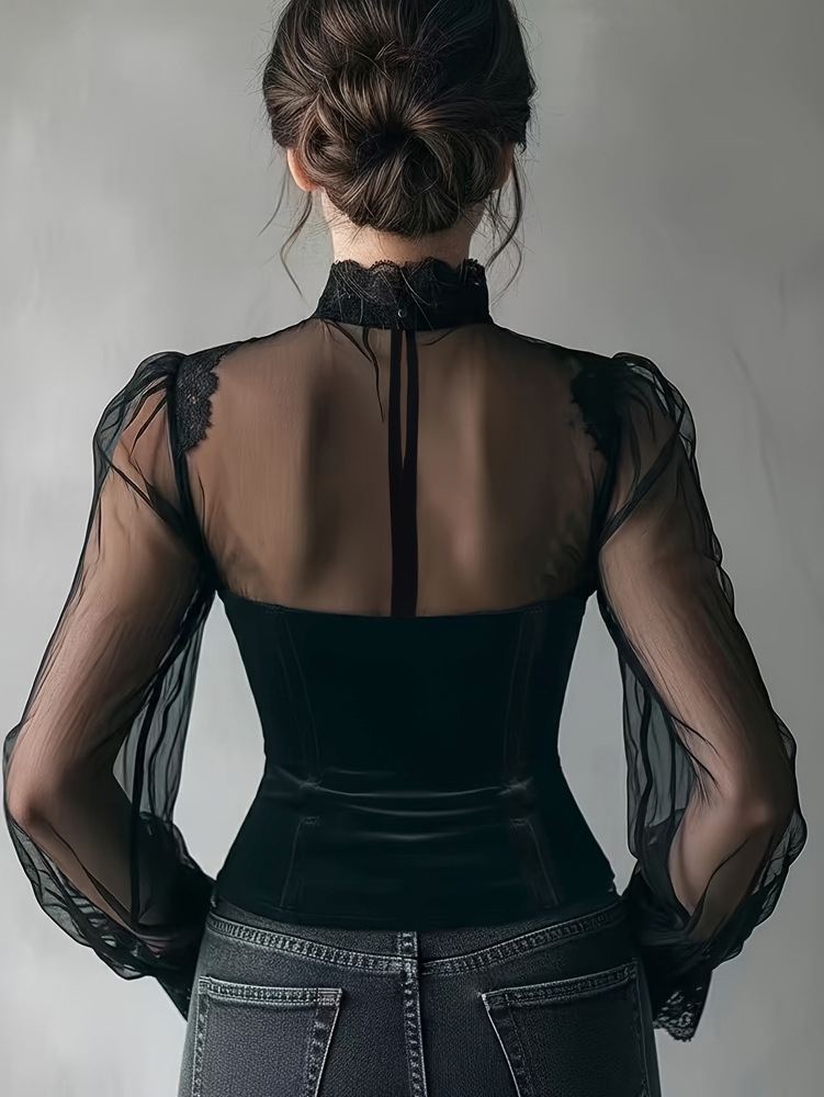 Women’s Velvet Corset Top, Sheer Mesh Long Sleeve Lace Halter Gothic Blouse