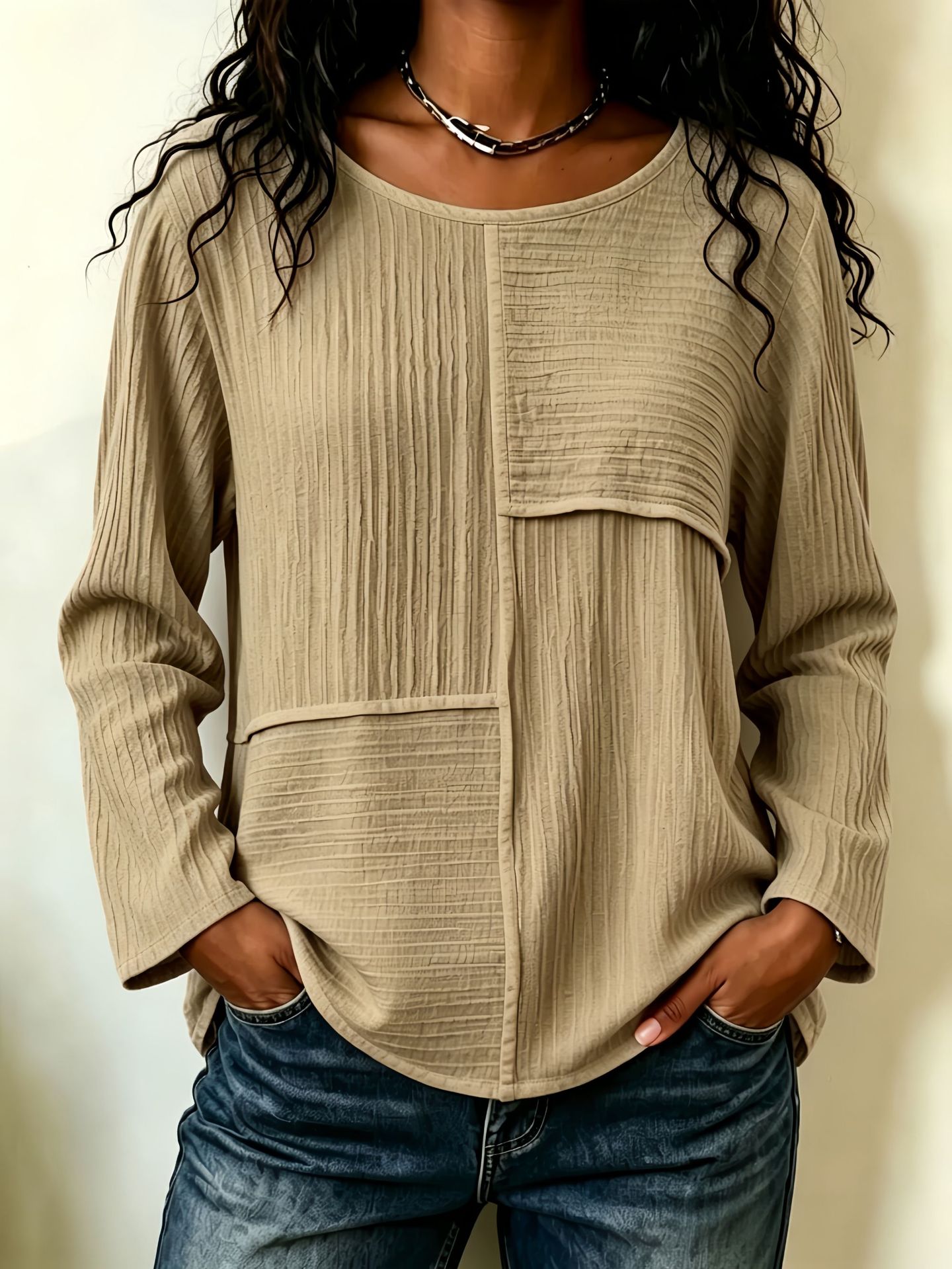Women’s Patchwork Crewneck Long Sleeve Top Textured Loose Fit Casual Blouse