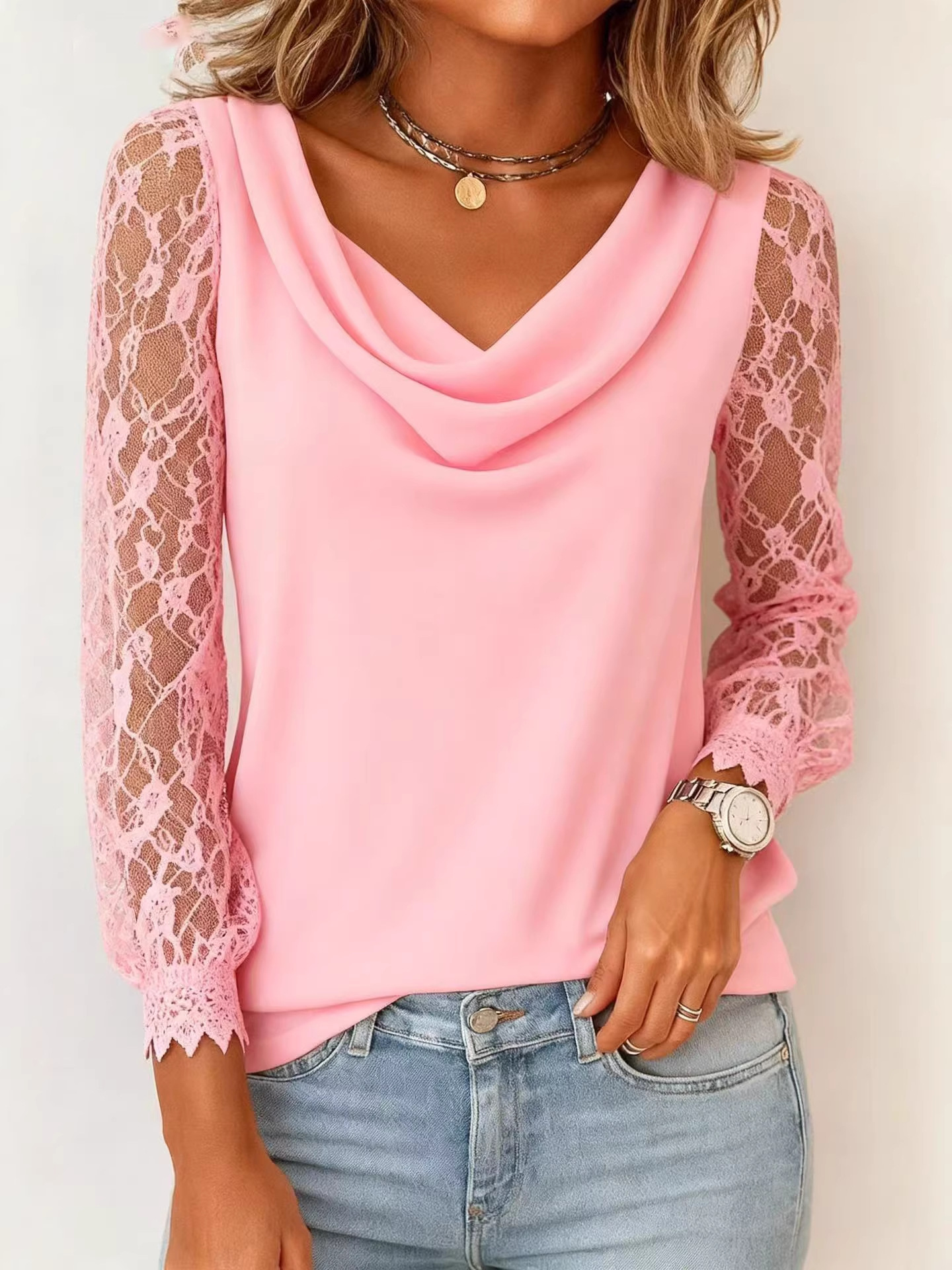 Lace Sleeve Draped Cowl Neck Blouse
