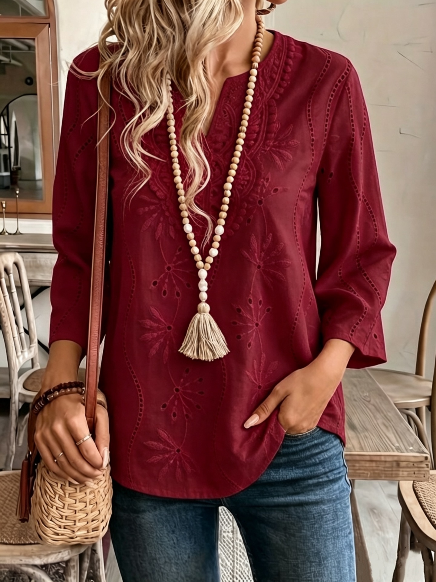 White Eyelet Embroidered Split Neck Three-Quarter Sleeve Blouse